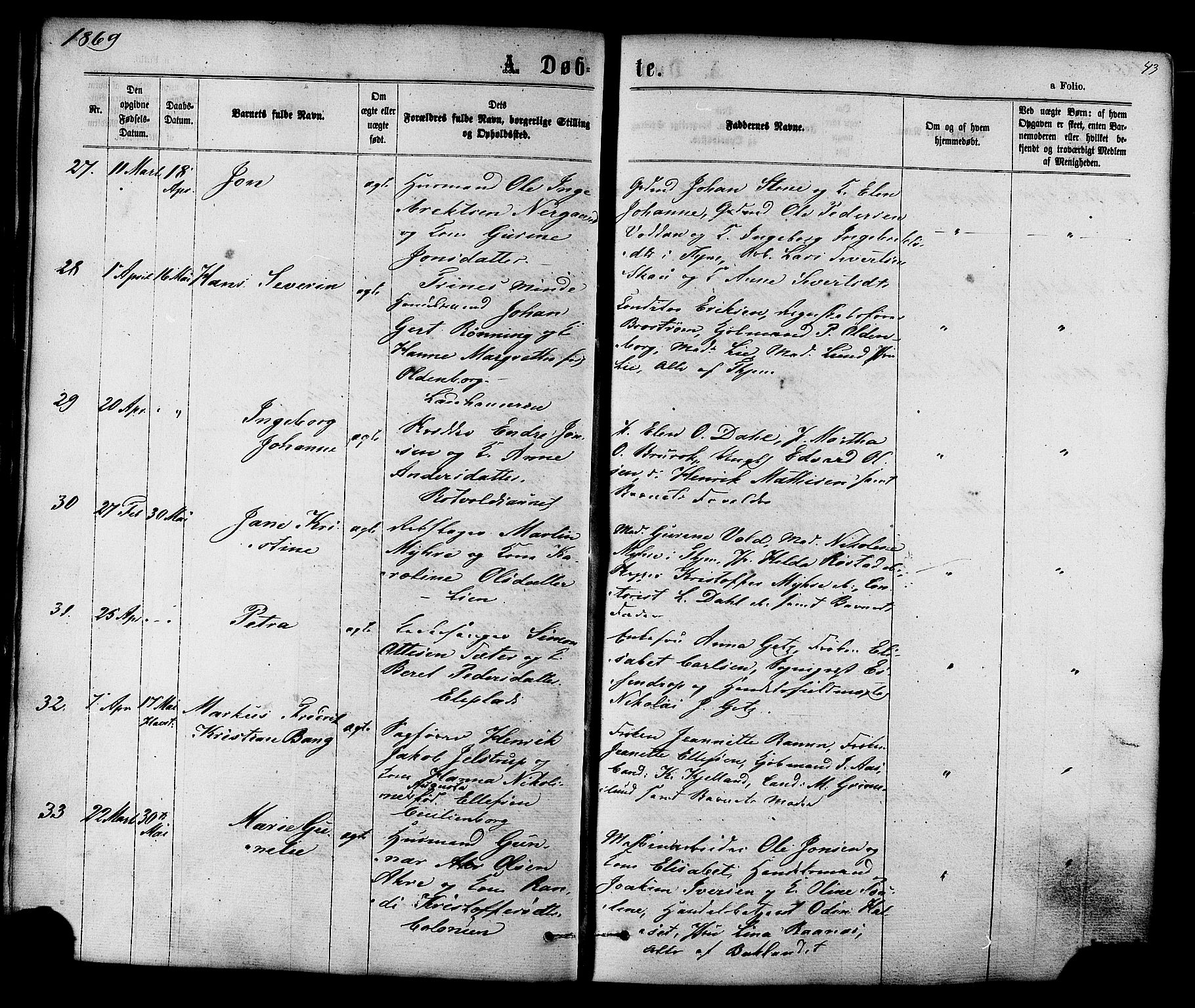 Ministerialprotokoller, klokkerbøker og fødselsregistre - Sør-Trøndelag, AV/SAT-A-1456/606/L0293: Parish register (official) no. 606A08, 1866-1877, p. 43