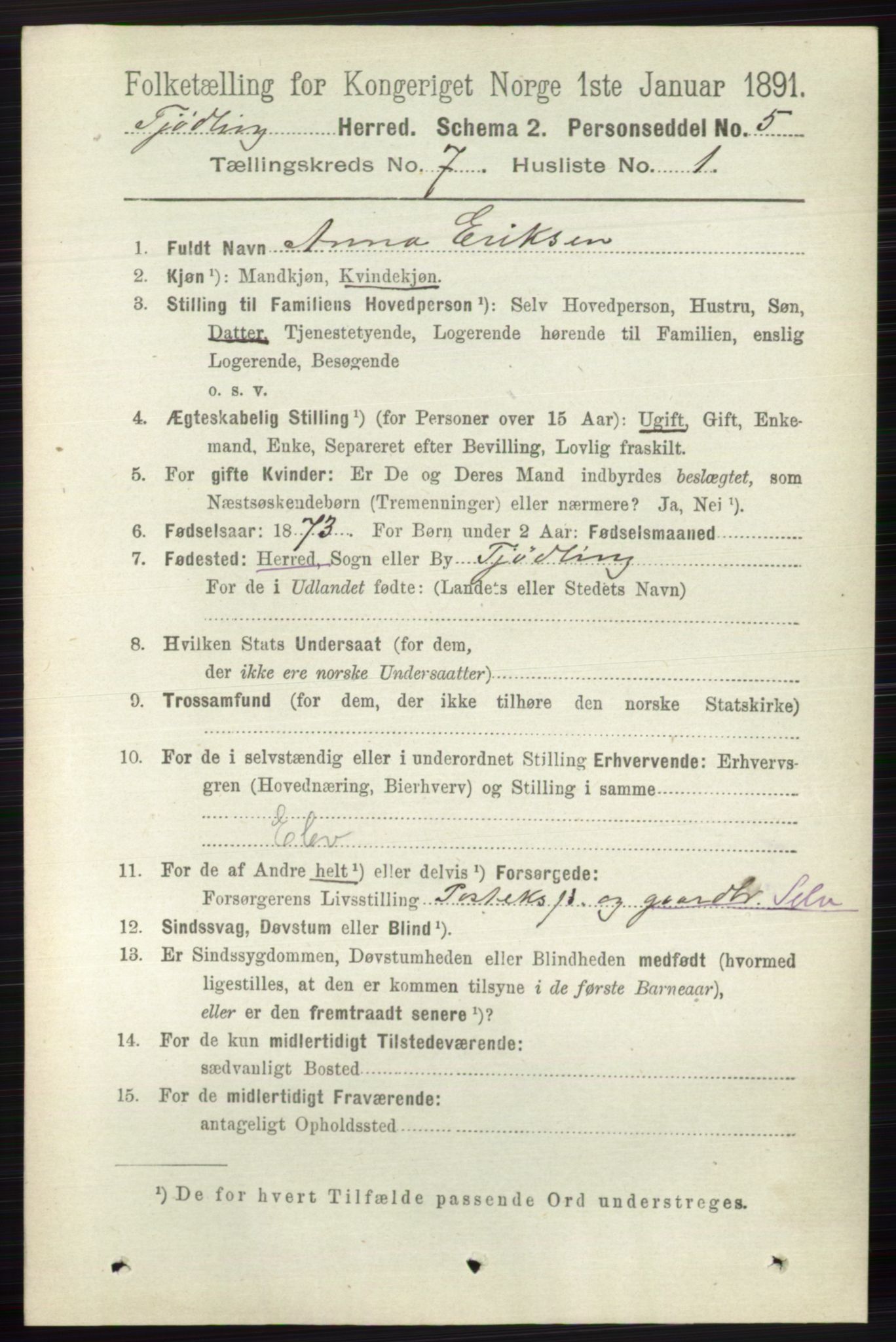 RA, 1891 census for 0725 Tjølling, 1891, p. 3671