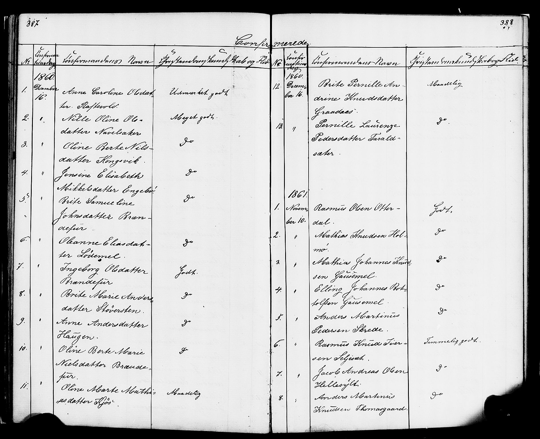 Hornindal sokneprestembete, SAB/A-82401/H/Haa/Haaa/L0001: Parish register (official) no. A 1, 1837-1866, p. 388-389