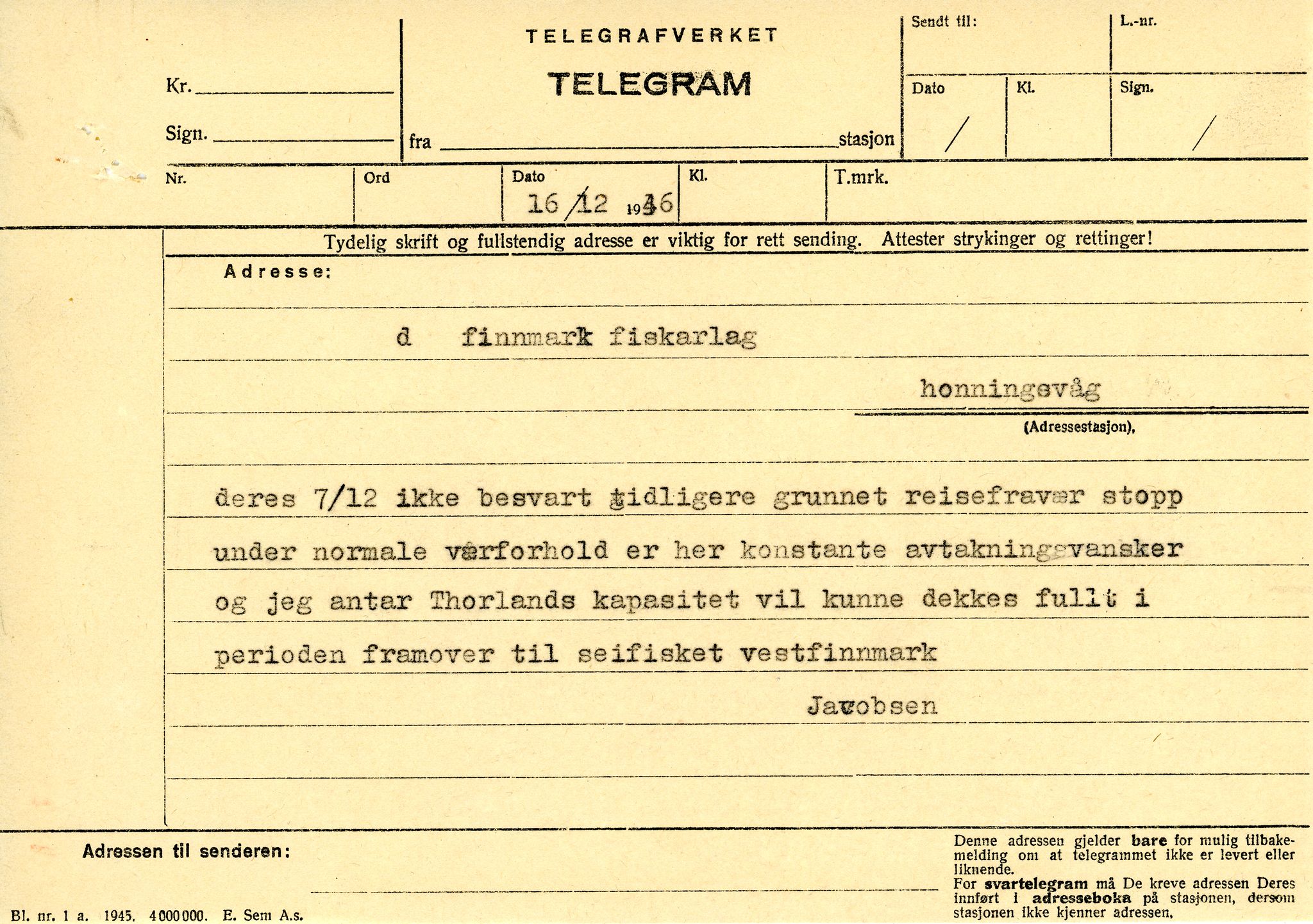 Vardø Fiskersamvirkelag, VAMU/A-0037/D/Da/L0002: Korrespondanse Er-Fi, 1946-1951