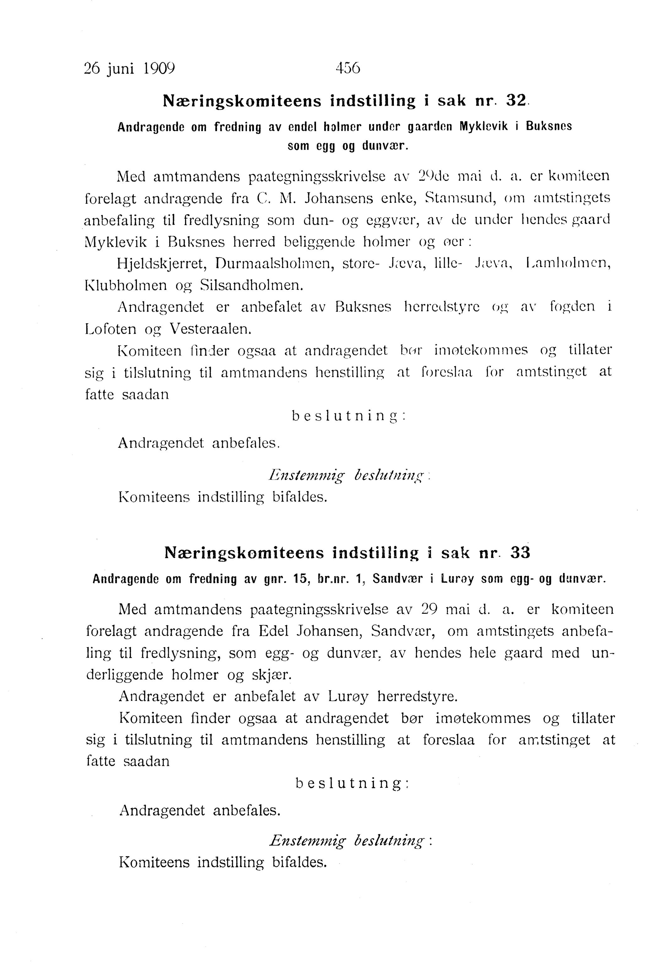 Nordland Fylkeskommune. Fylkestinget, AIN/NFK-17/176/A/Ac/L0032: Fylkestingsforhandlinger 1909, 1909