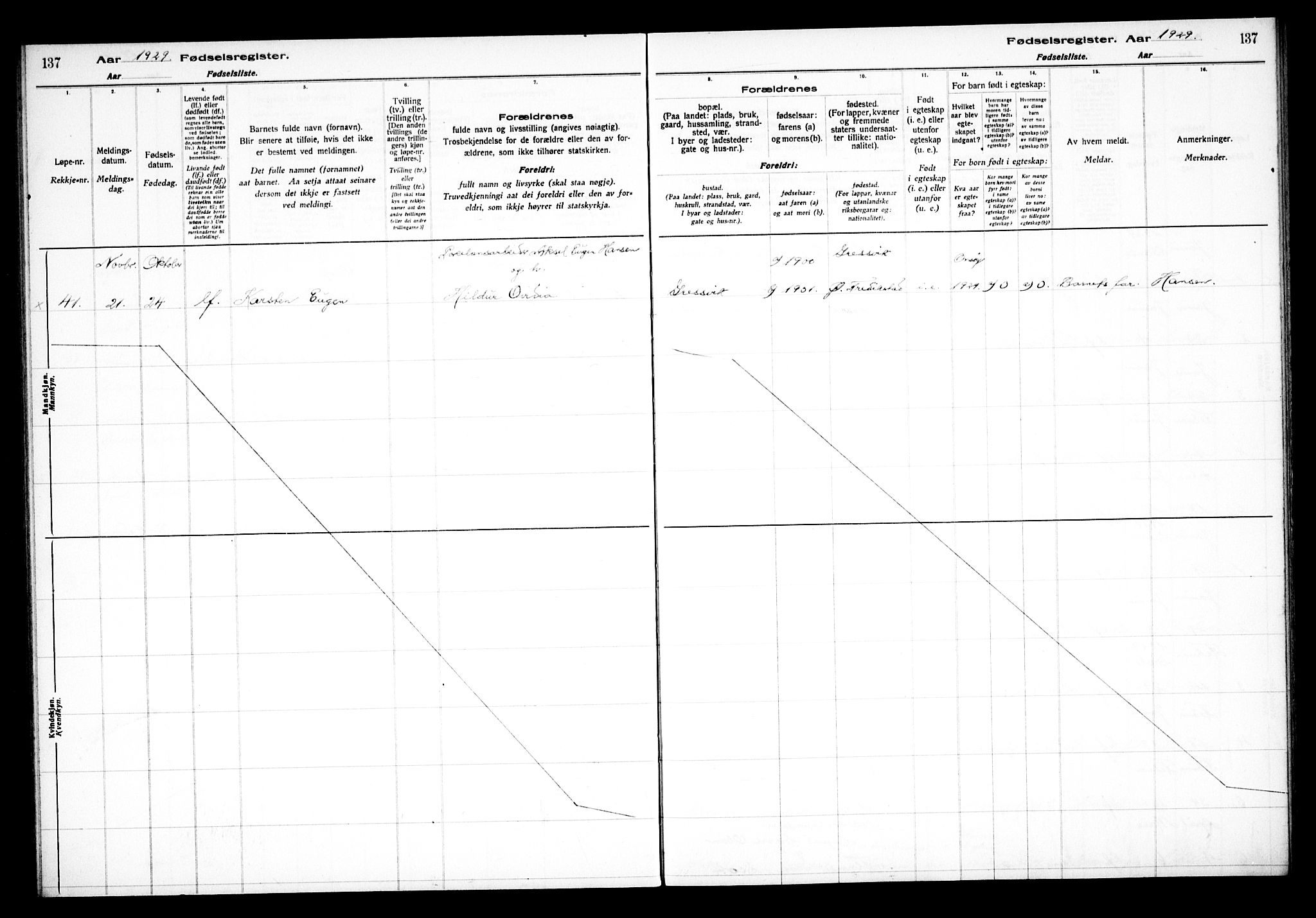 Onsøy prestekontor Kirkebøker, AV/SAO-A-10914/J/Jb/L0001: Birth register no. II 1, 1916-1938, p. 137