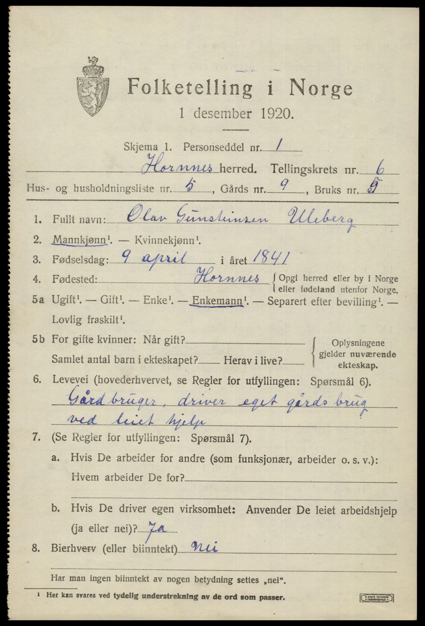 SAK, 1920 census for Hornnes, 1920, p. 1605