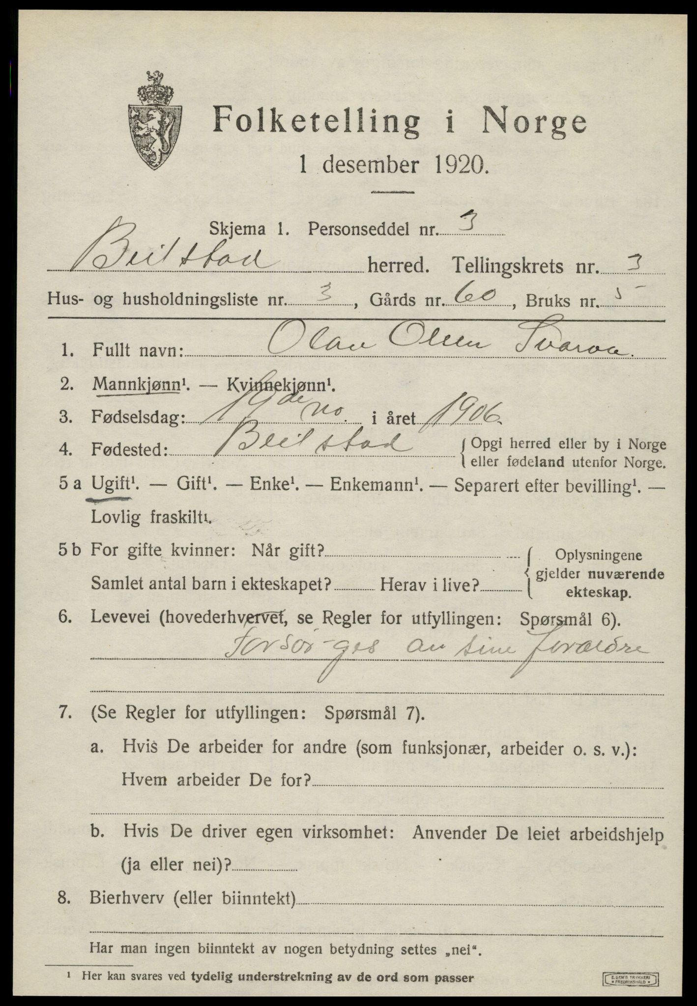 SAT, 1920 census for Beitstad, 1920, p. 2393