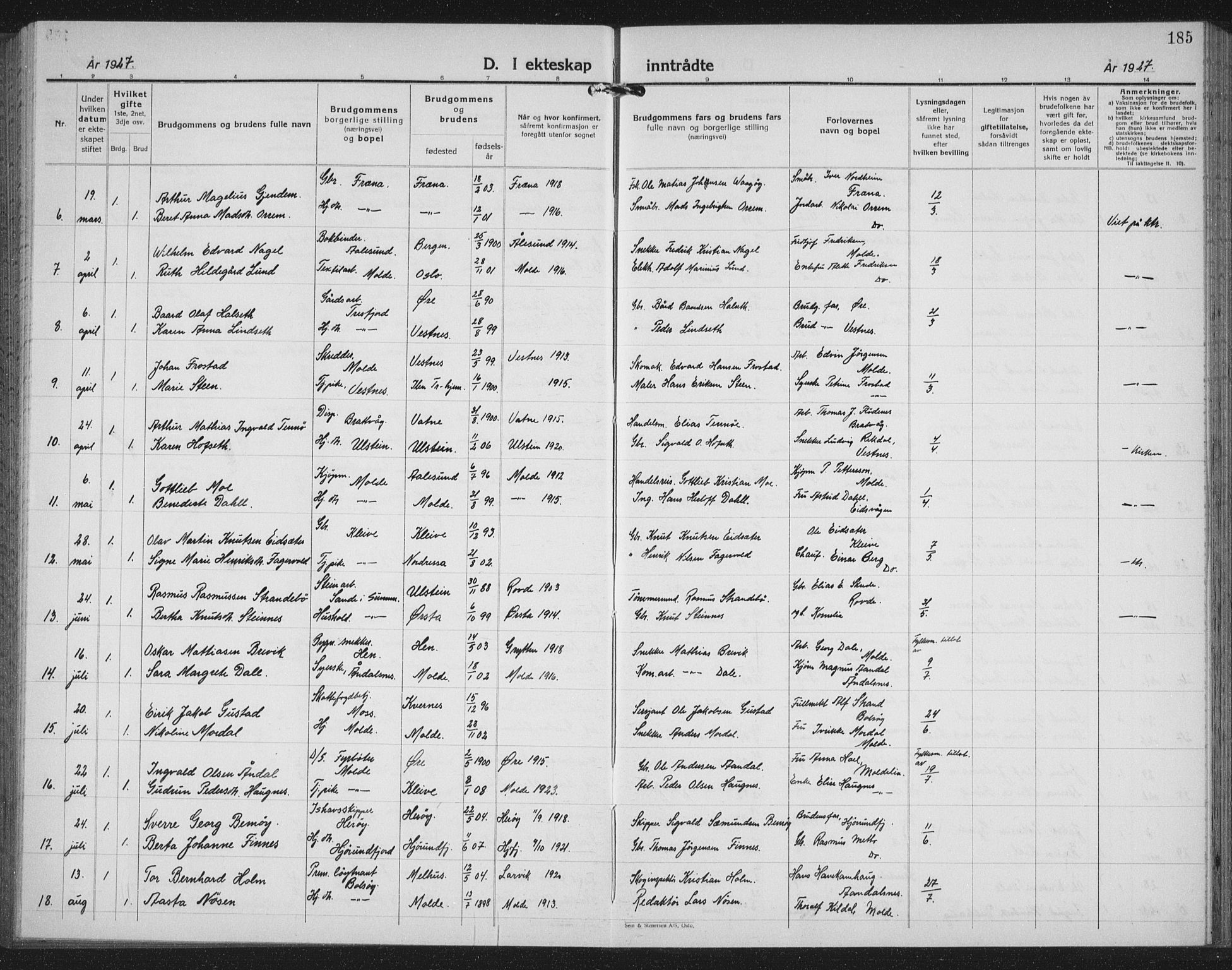 Ministerialprotokoller, klokkerbøker og fødselsregistre - Møre og Romsdal, AV/SAT-A-1454/558/L0704: Parish register (copy) no. 558C05, 1921-1942, p. 185