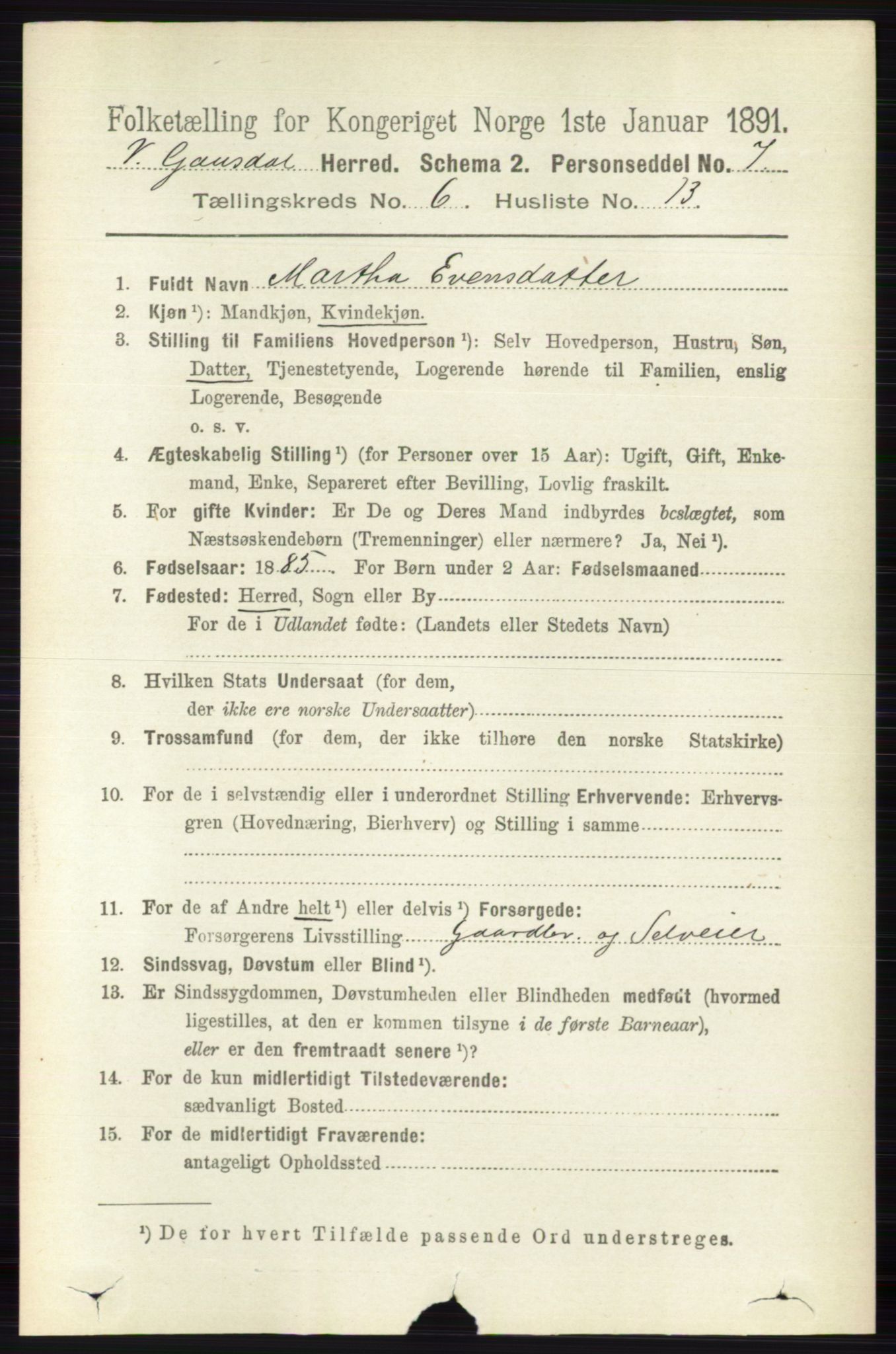 RA, 1891 census for 0523 Vestre Gausdal, 1891, p. 2642