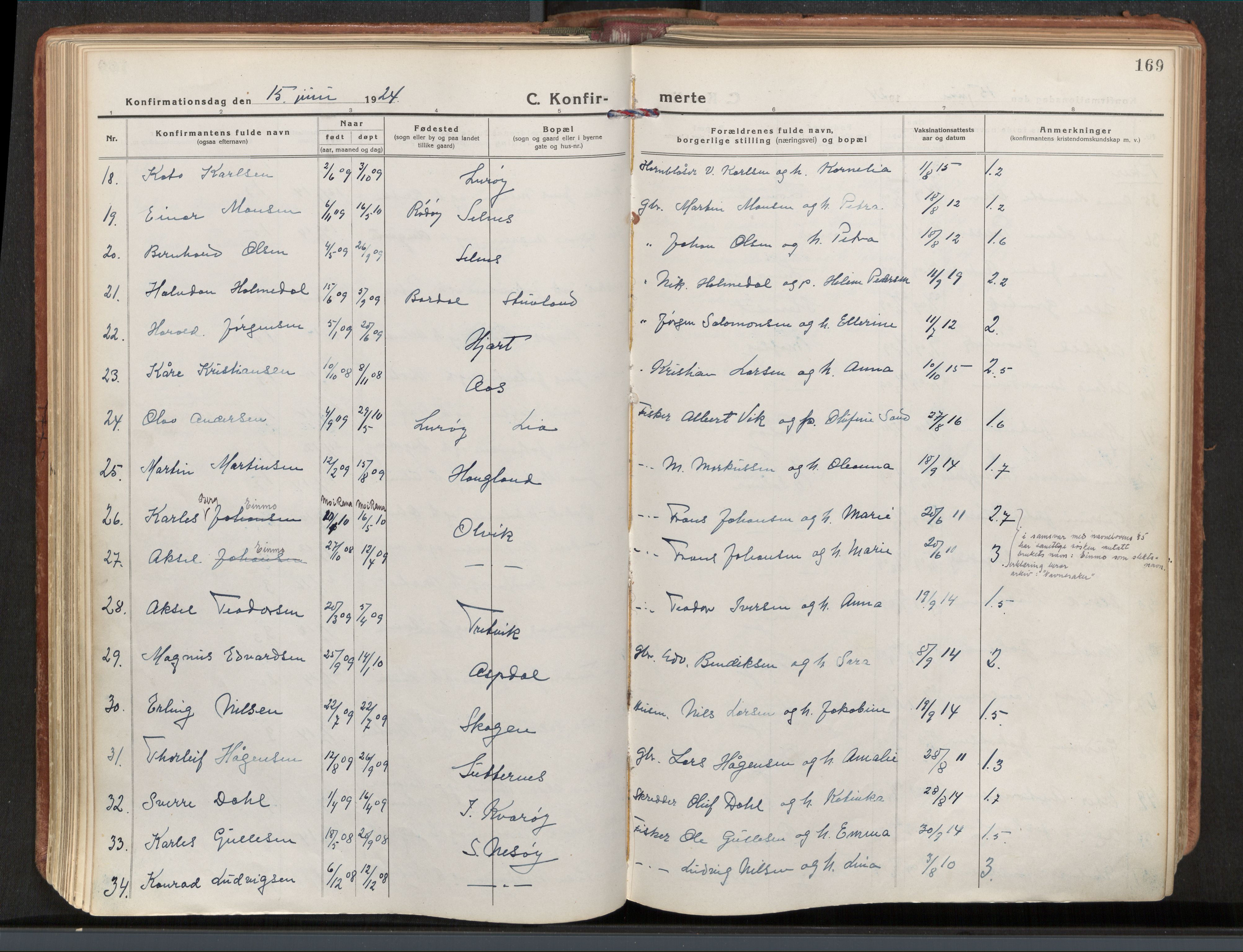 Ministerialprotokoller, klokkerbøker og fødselsregistre - Nordland, AV/SAT-A-1459/839/L0570: Parish register (official) no. 839A07, 1923-1942, p. 169