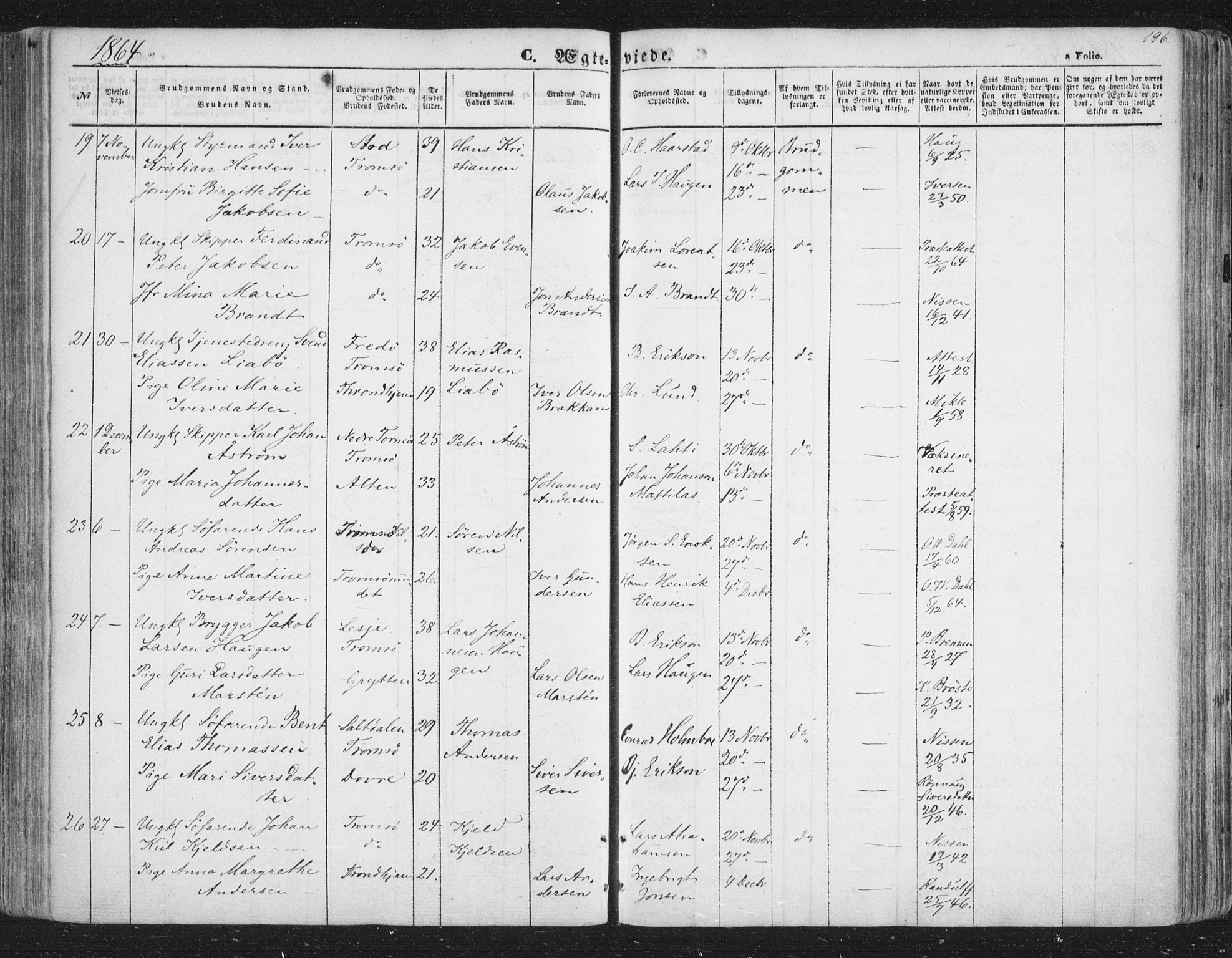 Tromsø sokneprestkontor/stiftsprosti/domprosti, AV/SATØ-S-1343/G/Ga/L0011kirke: Parish register (official) no. 11, 1856-1865, p. 196