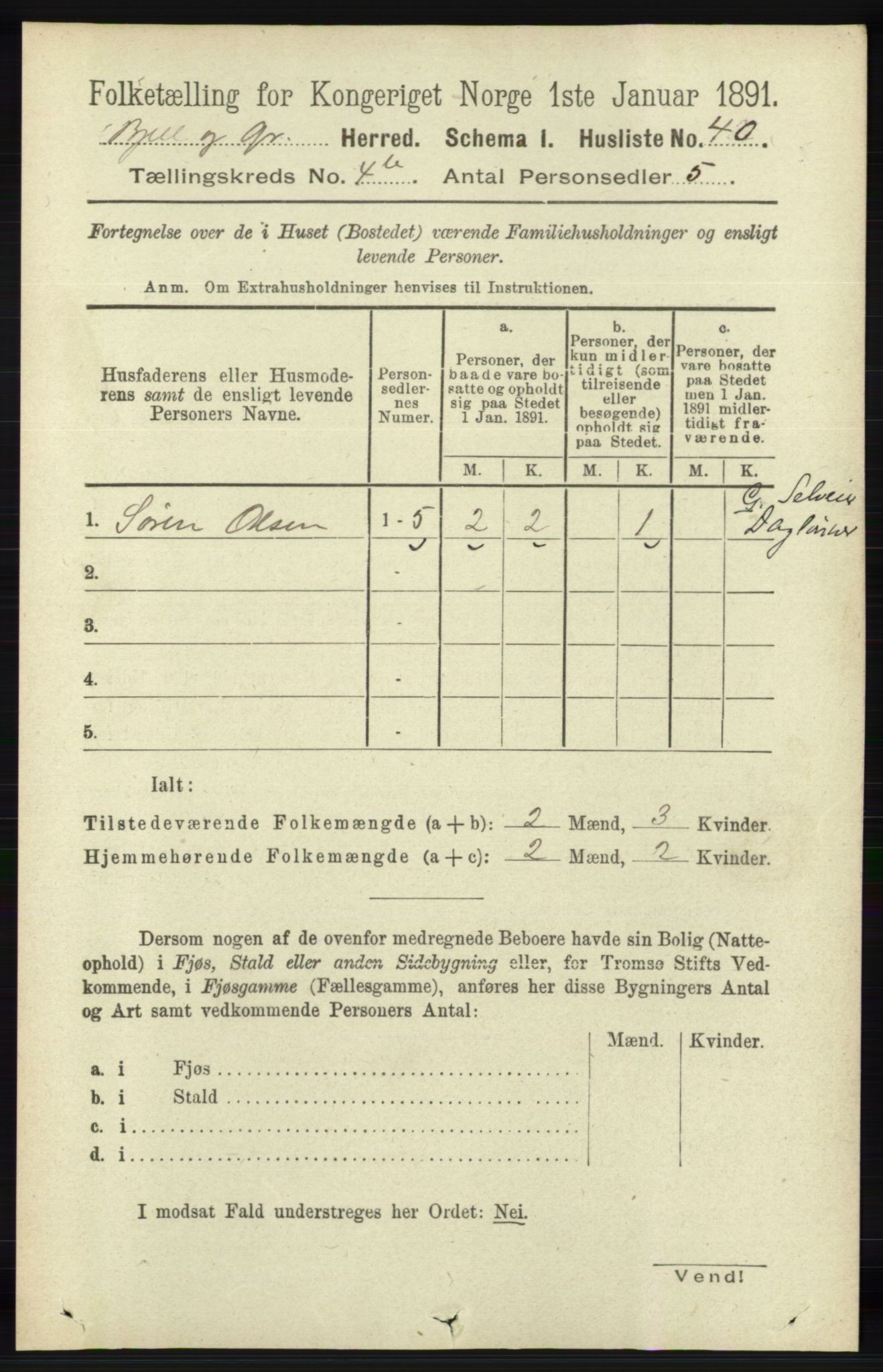 RA, 1891 census for 1024 Bjelland og Grindheim, 1891, p. 2067