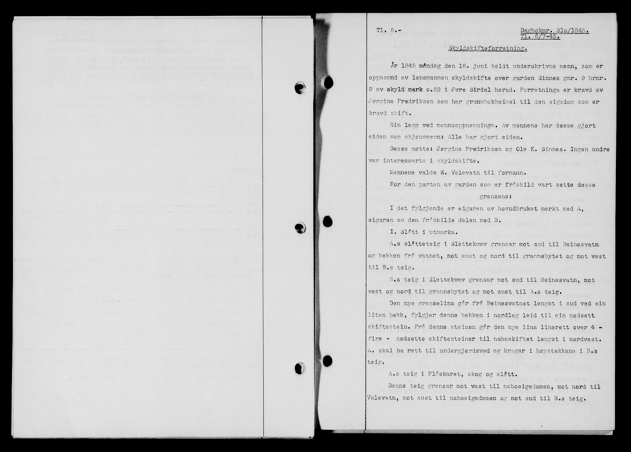 Flekkefjord sorenskriveri, SAK/1221-0001/G/Gb/Gba/L0059: Mortgage book no. A-7, 1944-1945, Diary no: : 310/1945