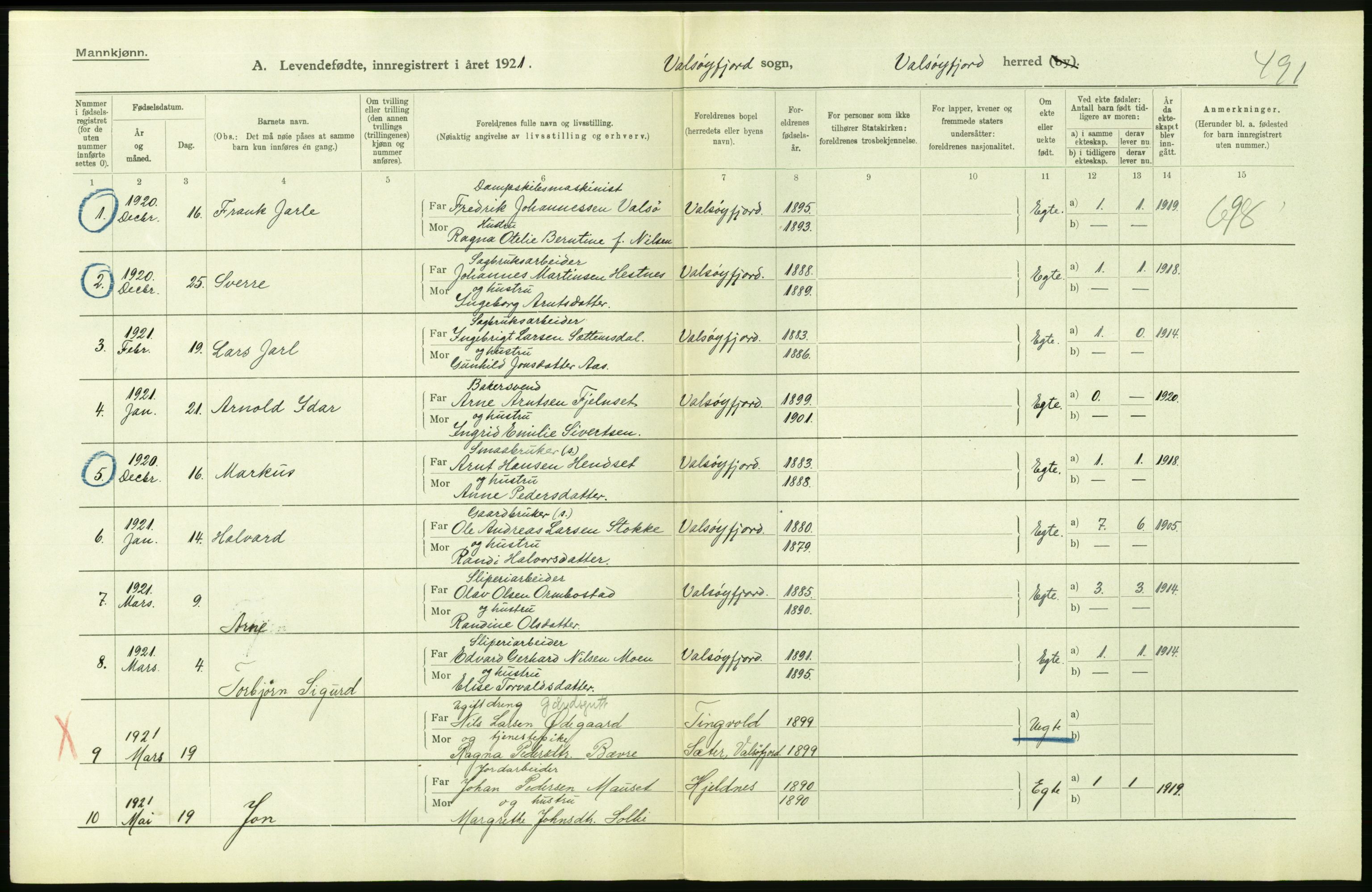 Statistisk sentralbyrå, Sosiodemografiske emner, Befolkning, AV/RA-S-2228/D/Df/Dfc/Dfca/L0040: Møre fylke: Levendefødte menn og kvinner. Bygder., 1921, p. 618