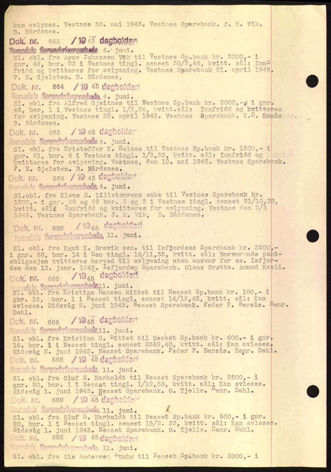 Romsdal sorenskriveri, AV/SAT-A-4149/1/2/2C: Mortgage book no. C1a, 1936-1945, Diary no: : 663/1945