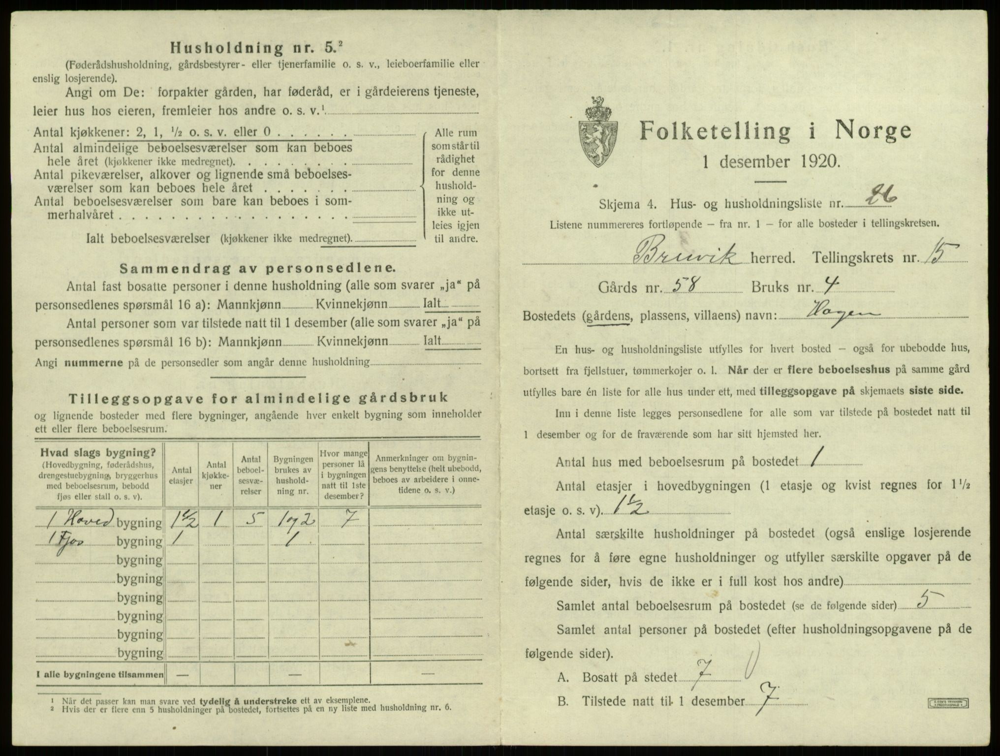 SAB, 1920 census for Bruvik, 1920, p. 1069