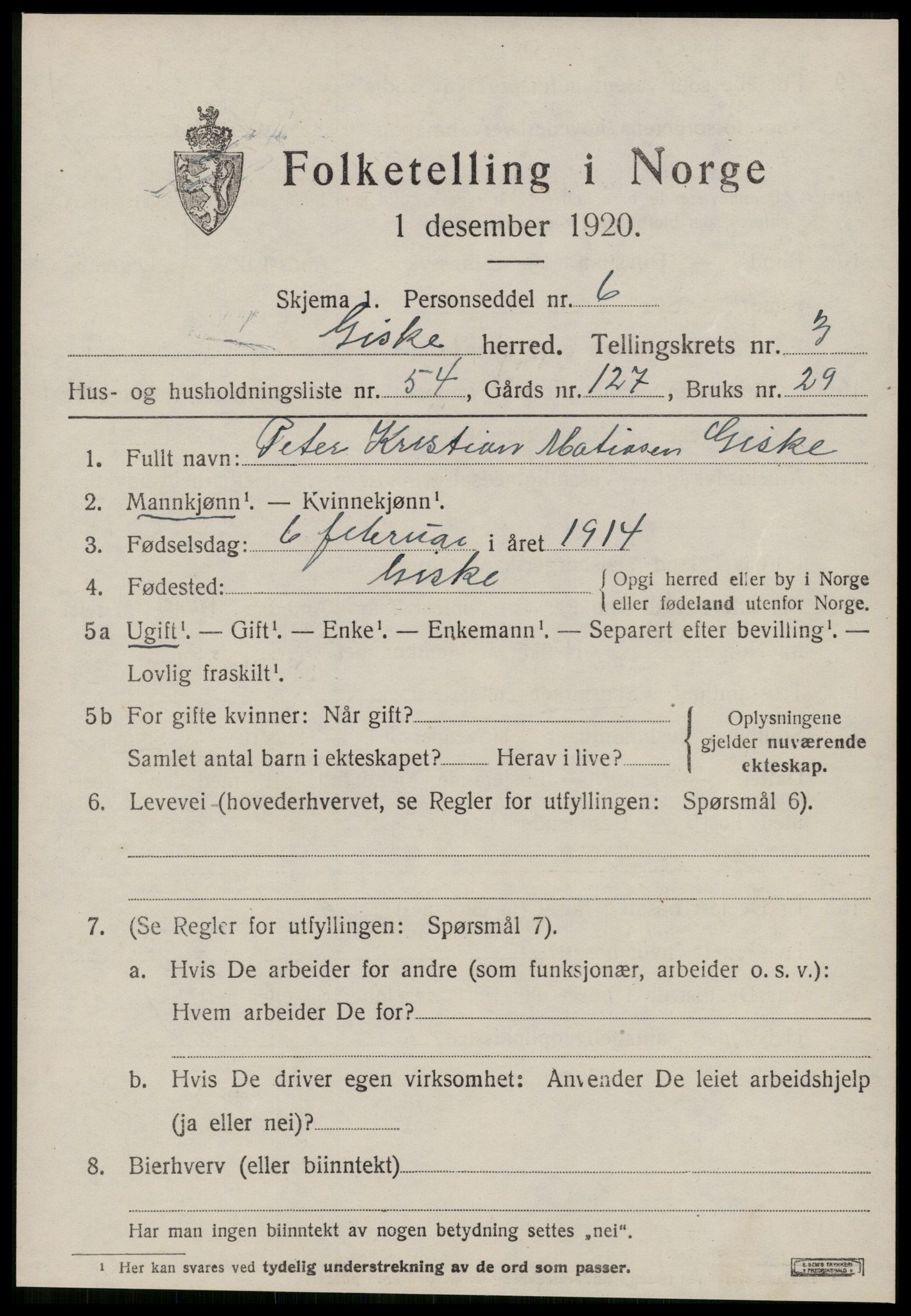 SAT, 1920 census for Giske, 1920, p. 2594