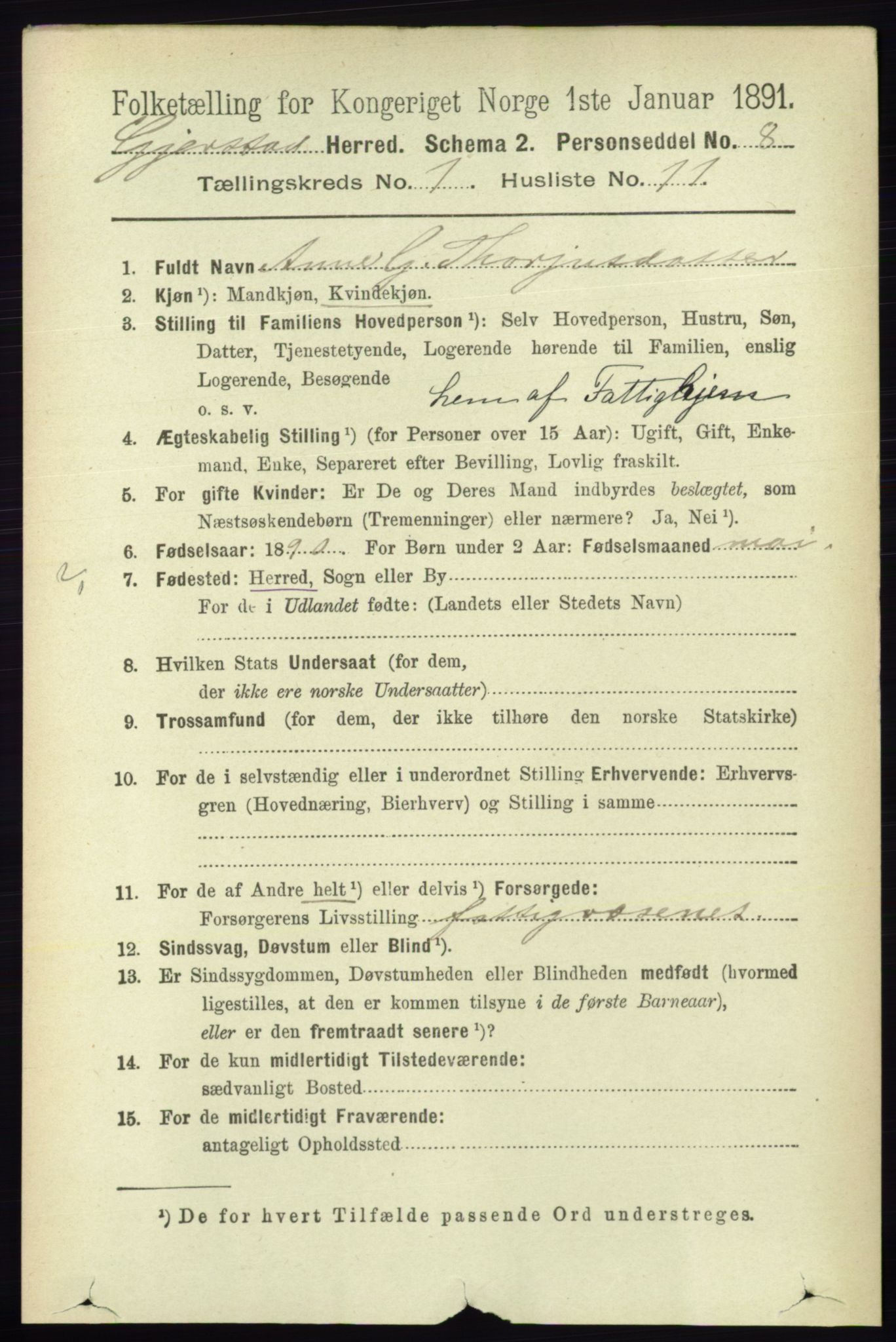 RA, 1891 census for 0911 Gjerstad, 1891, p. 171