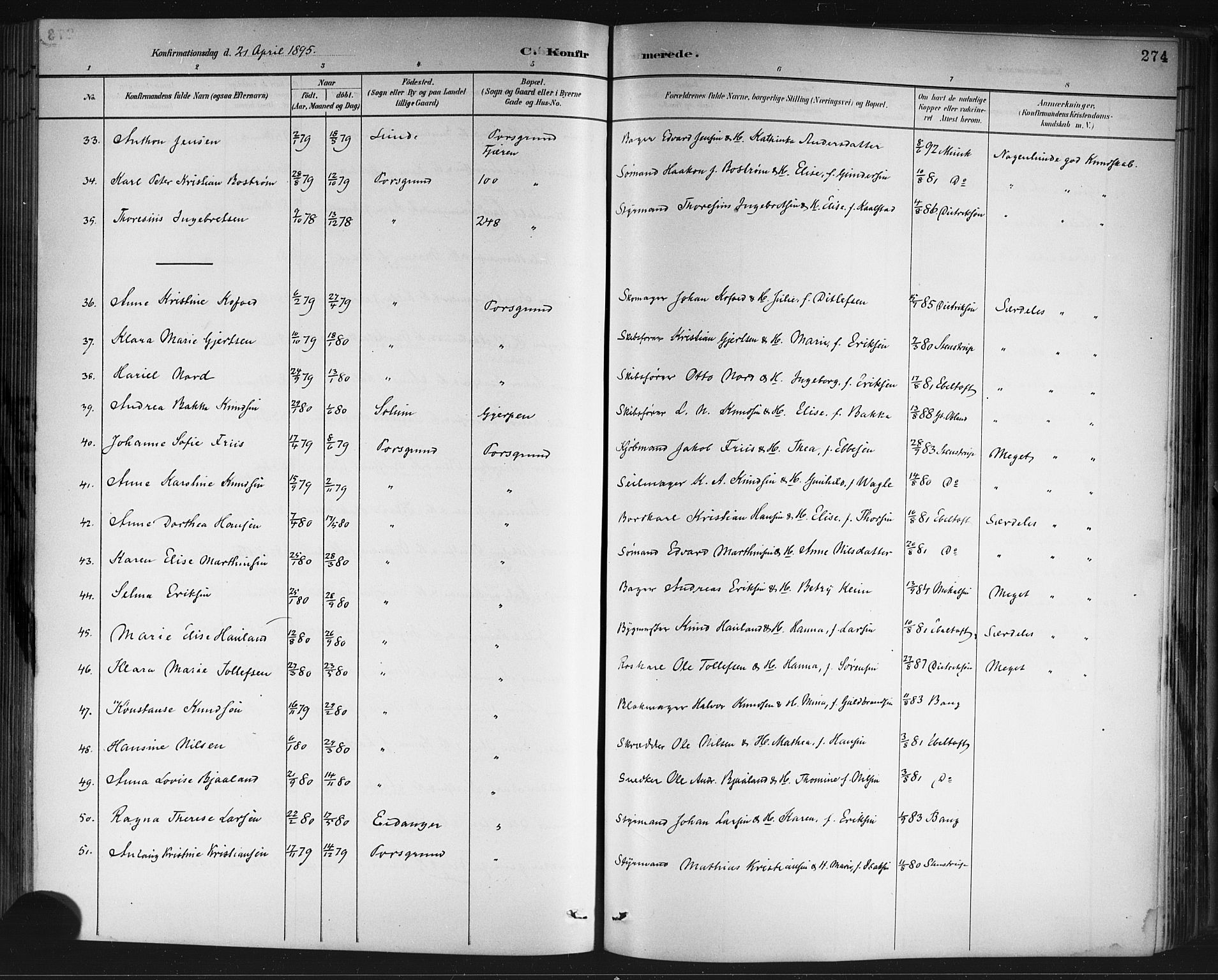 Porsgrunn kirkebøker , AV/SAKO-A-104/G/Gb/L0005: Parish register (copy) no. II 5, 1883-1915, p. 274