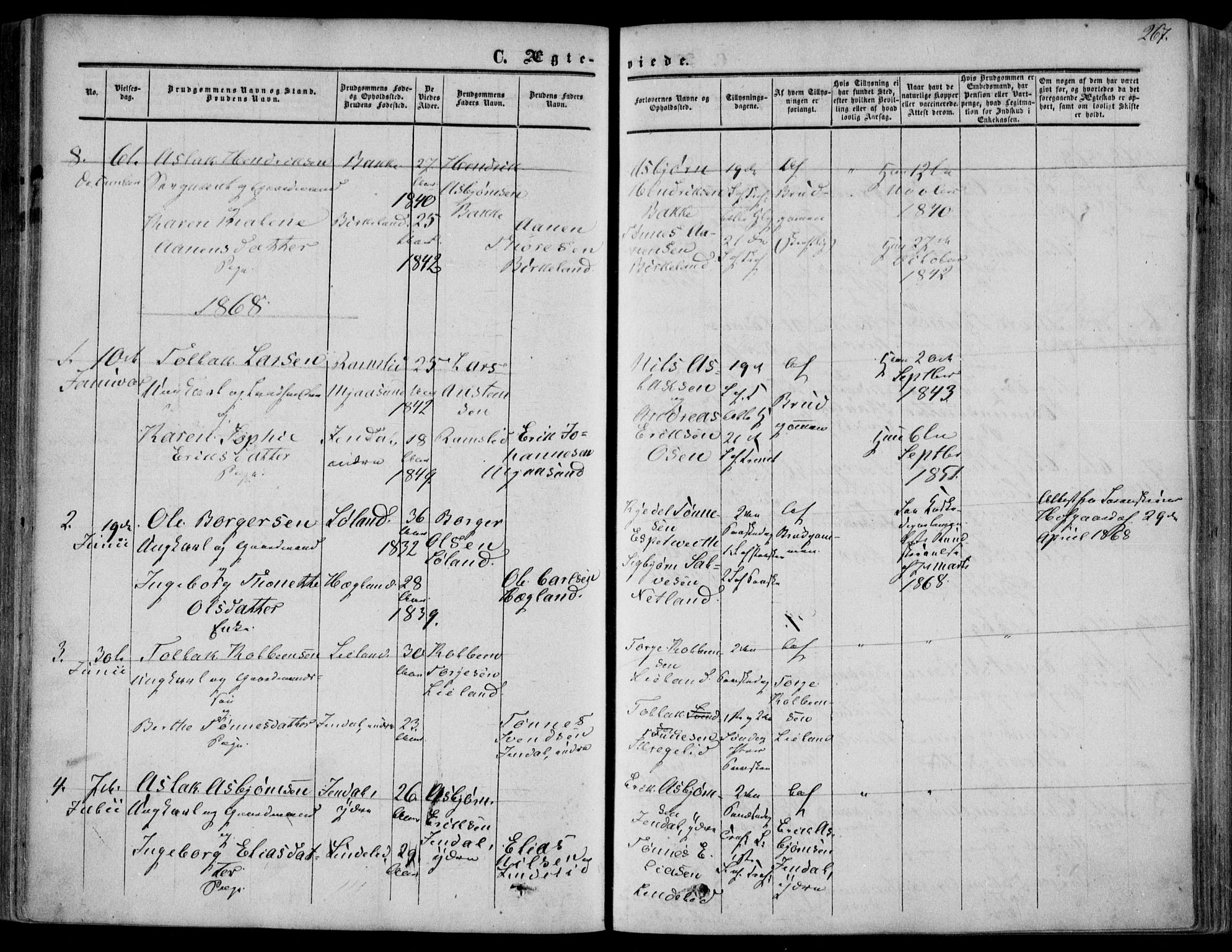 Bakke sokneprestkontor, SAK/1111-0002/F/Fa/Faa/L0006: Parish register (official) no. A 6, 1855-1877, p. 267
