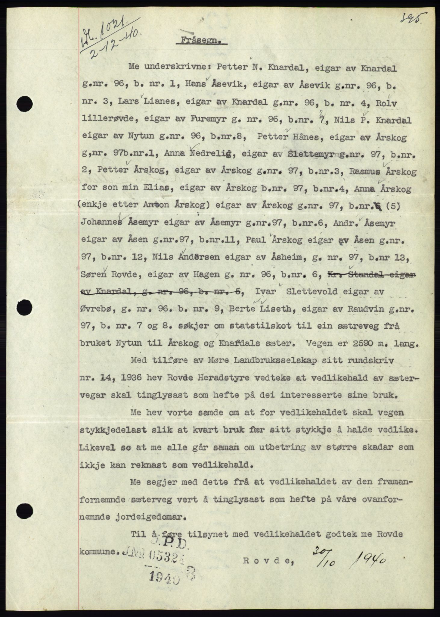 Søre Sunnmøre sorenskriveri, AV/SAT-A-4122/1/2/2C/L0070: Mortgage book no. 64, 1940-1941, Diary no: : 1021/1940