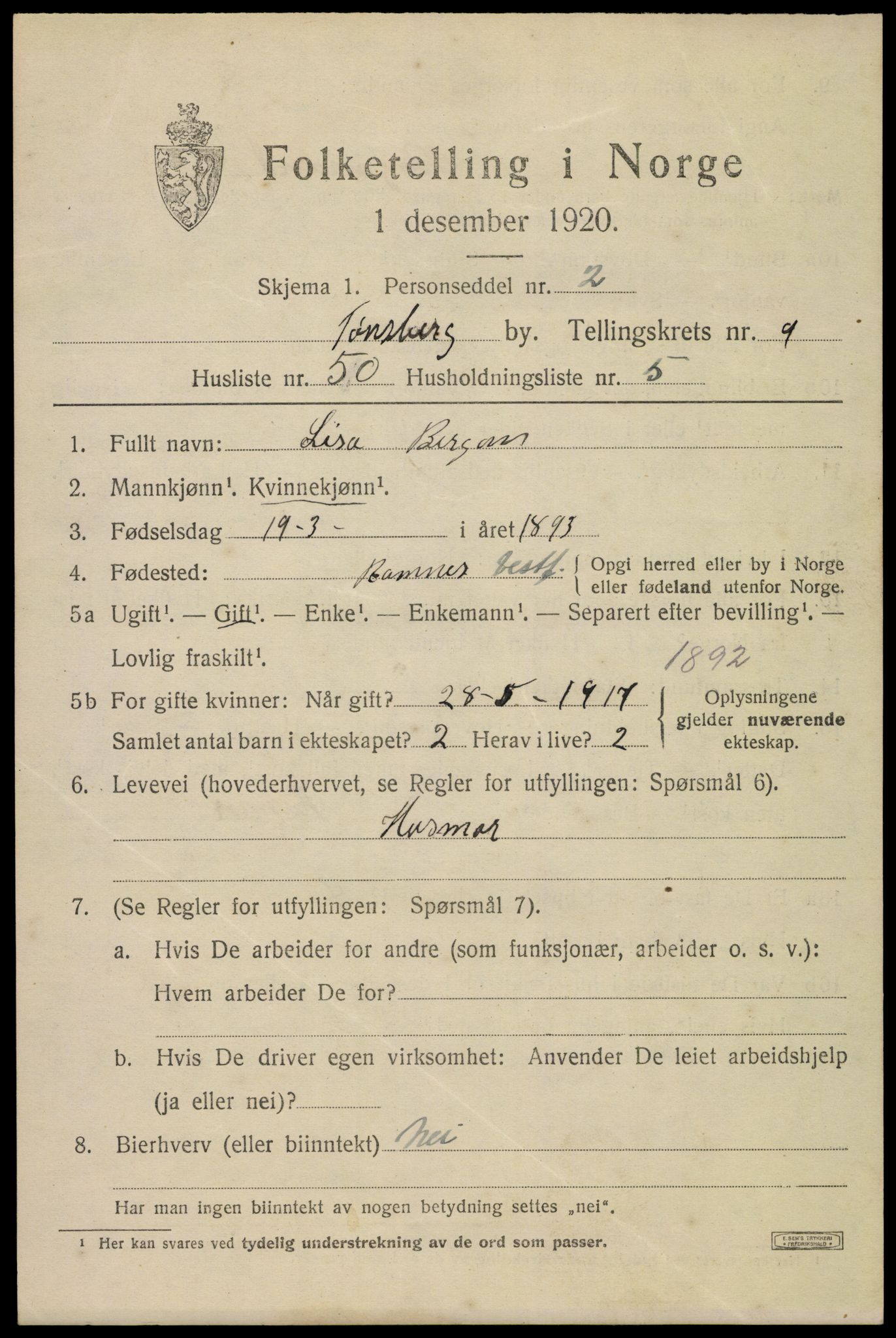 SAKO, 1920 census for Tønsberg, 1920, p. 18081