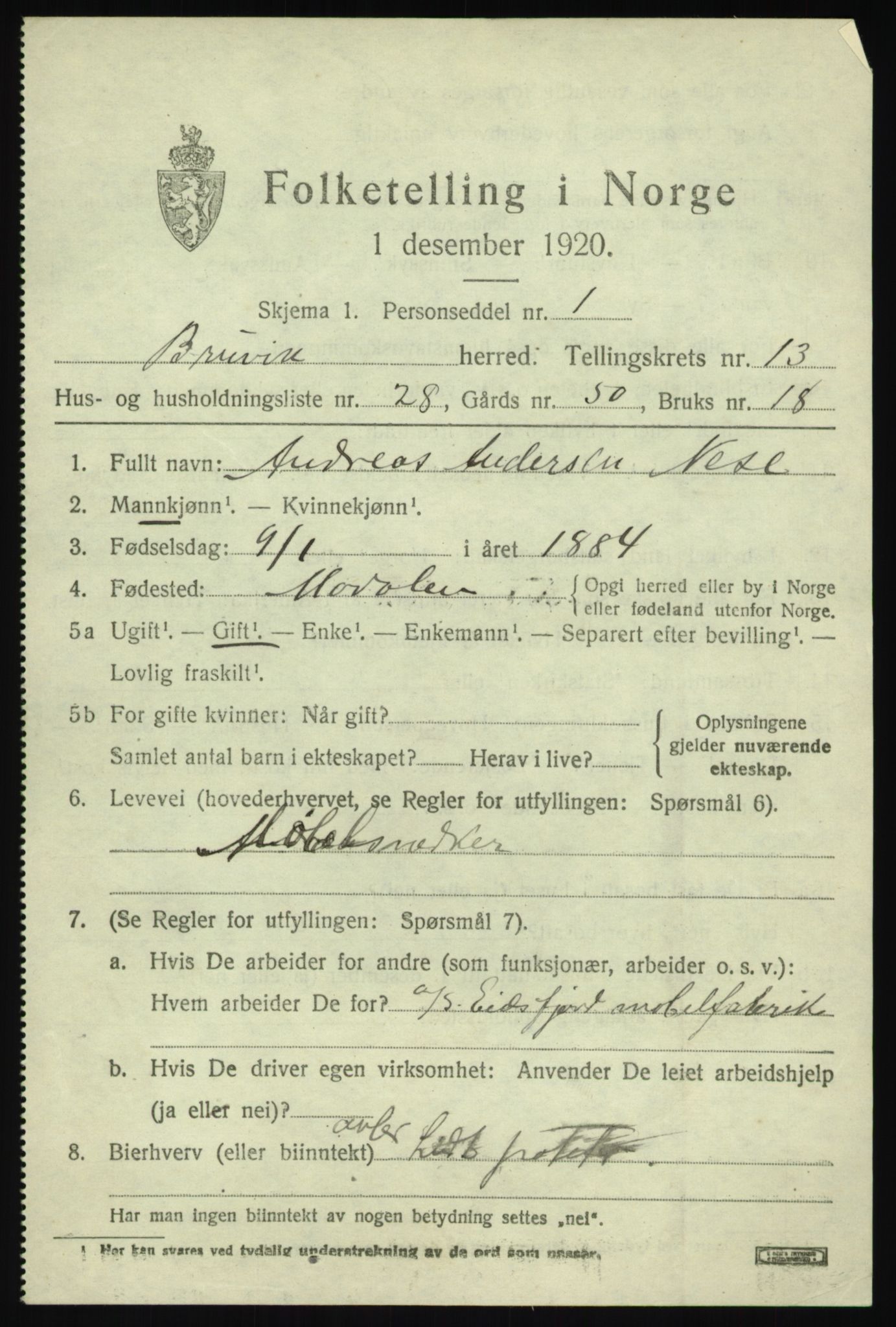 SAB, 1920 census for Bruvik, 1920, p. 8512