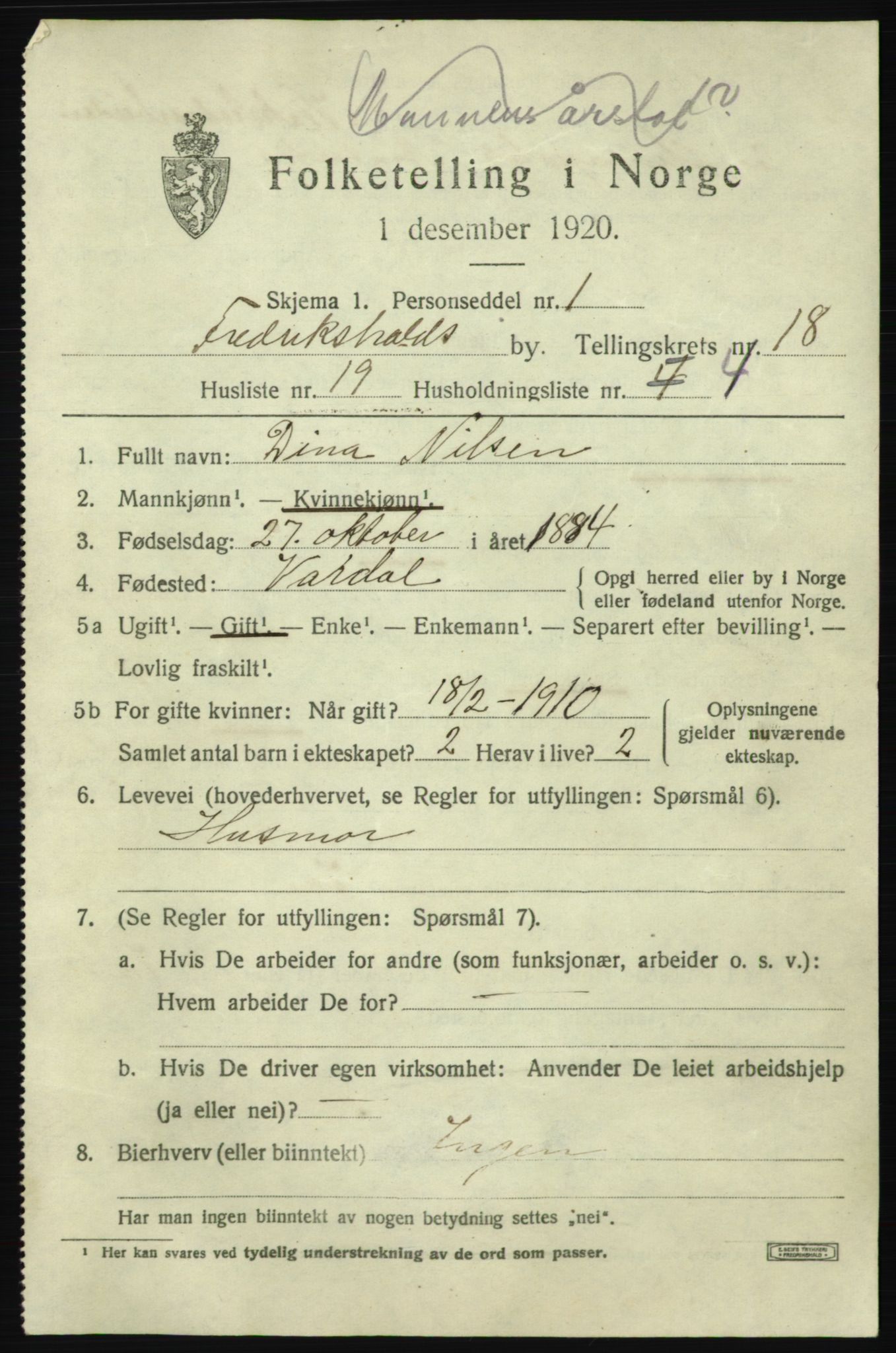 SAO, 1920 census for Fredrikshald, 1920, p. 27635