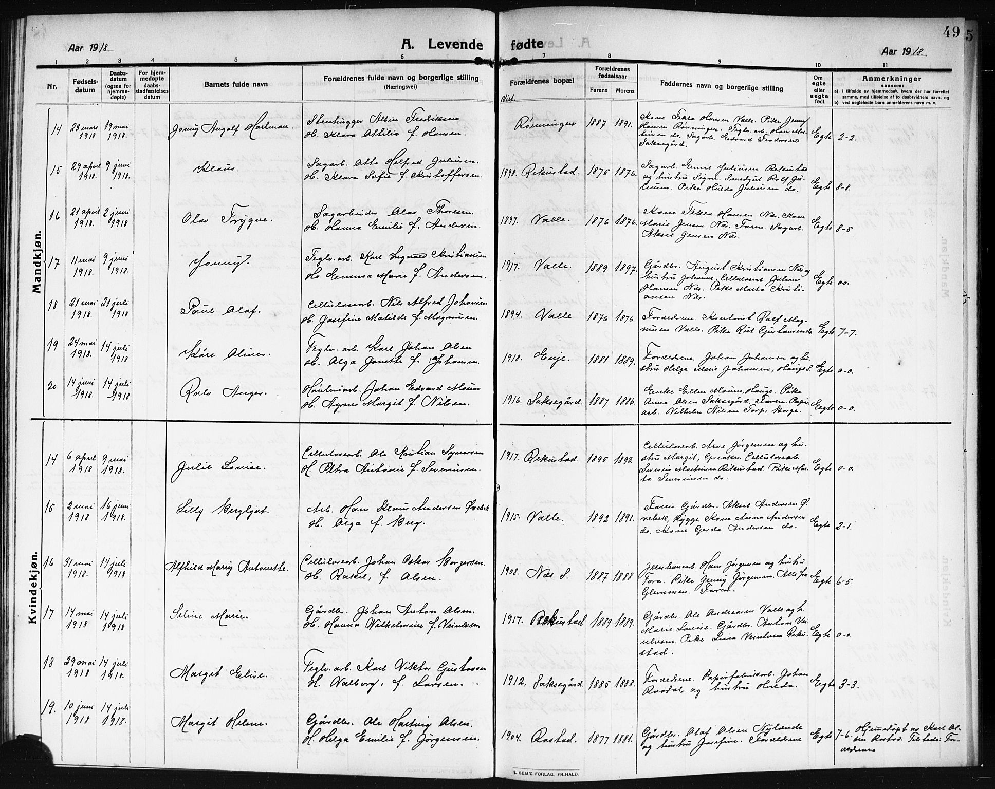 Rolvsøy prestekontor Kirkebøker, AV/SAO-A-2004/G/Ga/L0001: Parish register (copy) no. 1, 1911-1920, p. 49