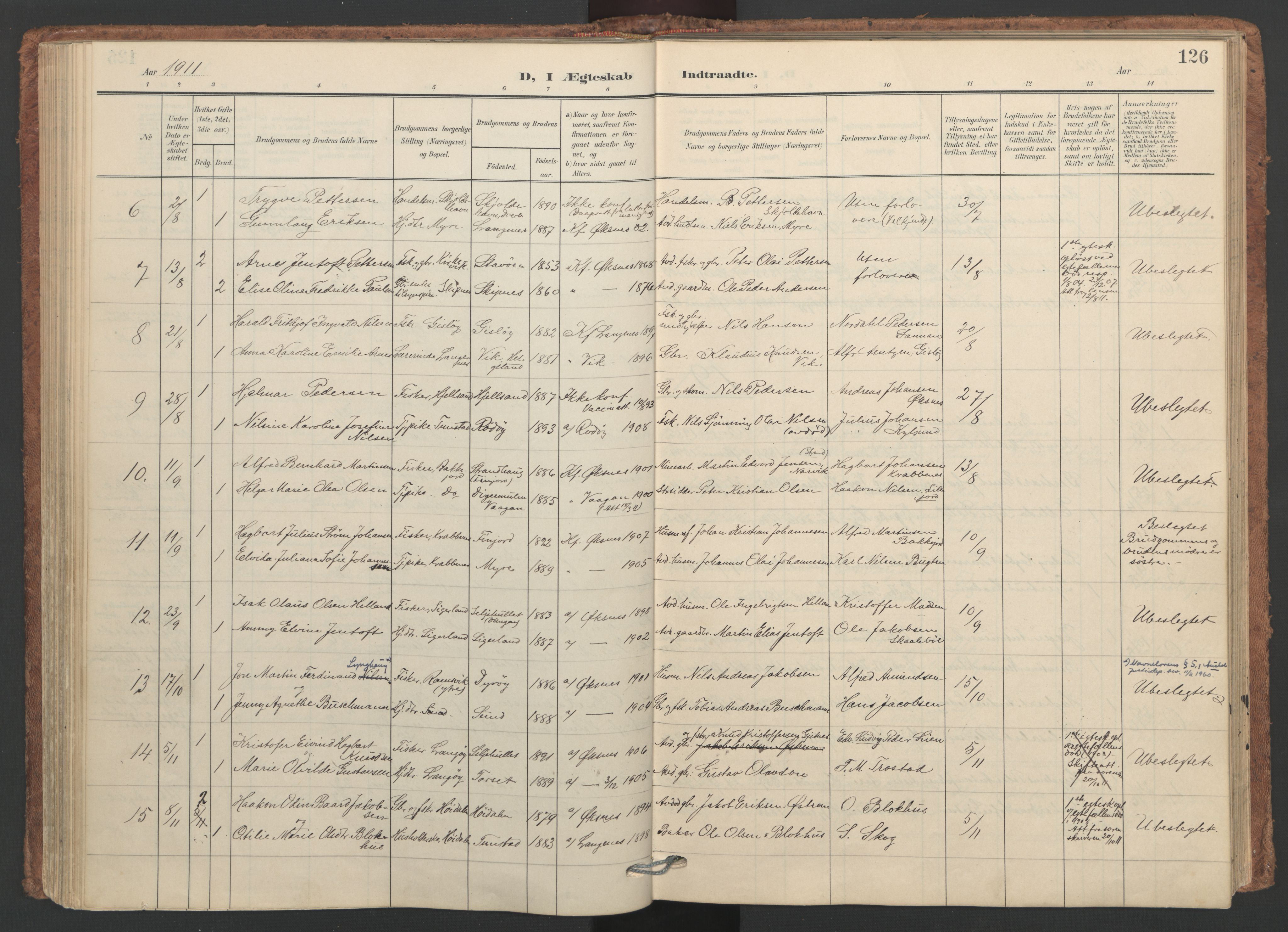 Ministerialprotokoller, klokkerbøker og fødselsregistre - Nordland, SAT/A-1459/893/L1339: Parish register (official) no. 893A11, 1904-1914, p. 126