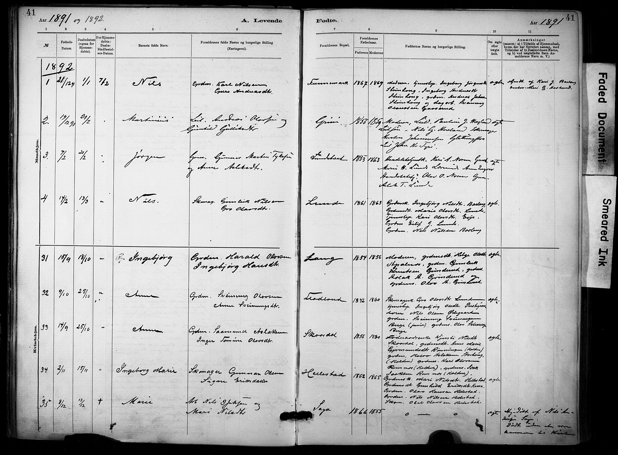 Lunde kirkebøker, SAKO/A-282/F/Fa/L0002: Parish register (official) no. I 2, 1884-1892, p. 41
