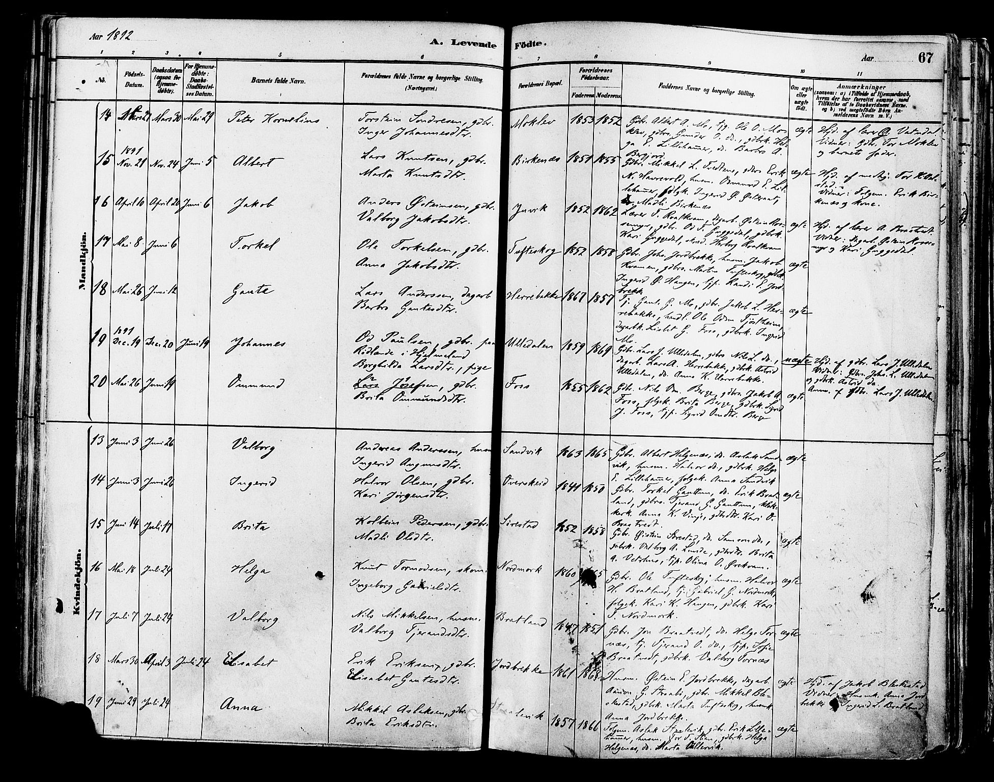 Suldal sokneprestkontor, AV/SAST-A-101845/01/IV/L0011: Parish register (official) no. A 11, 1878-1900, p. 67