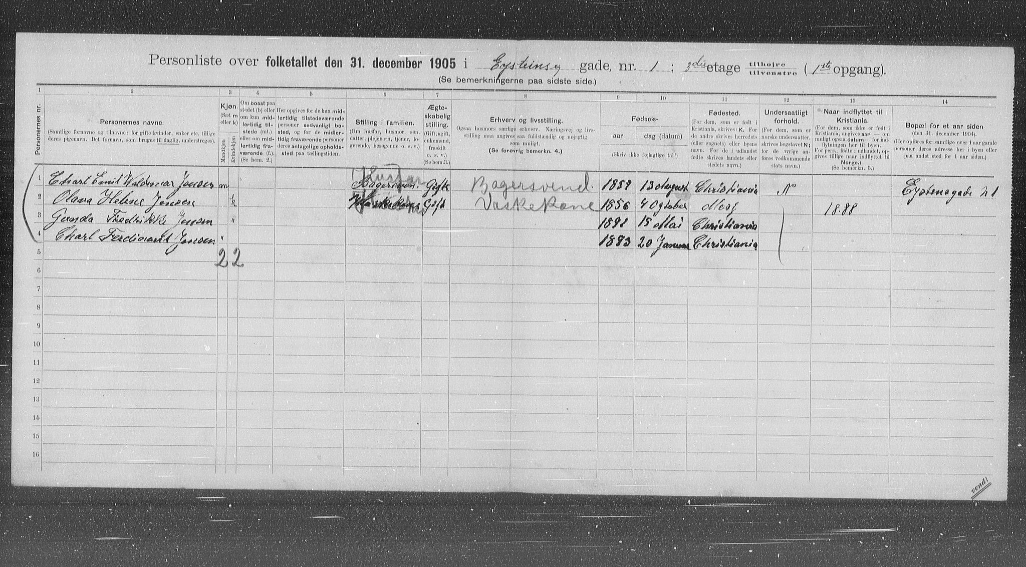 OBA, Municipal Census 1905 for Kristiania, 1905, p. 67674