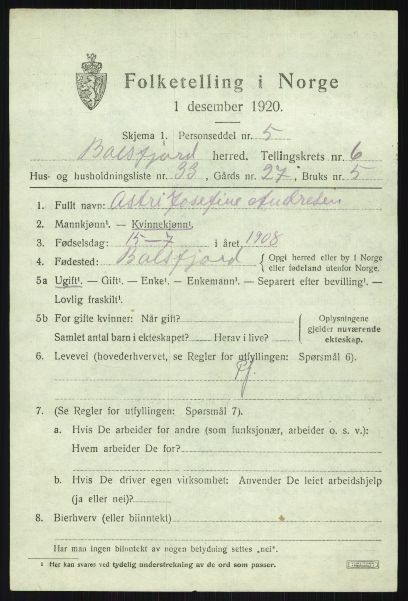 SATØ, 1920 census for Balsfjord, 1920, p. 4146