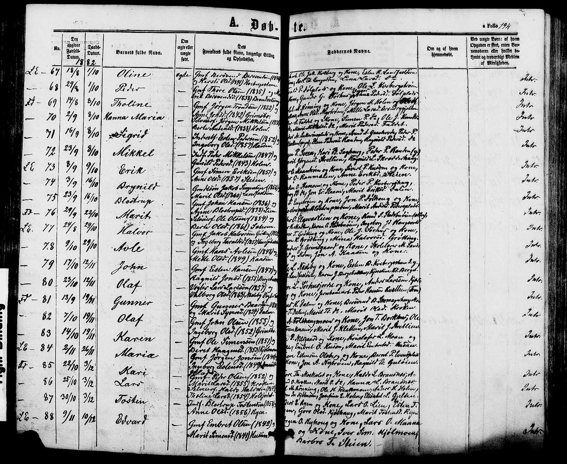 Alvdal prestekontor, AV/SAH-PREST-060/H/Ha/Haa/L0001: Parish register (official) no. 1, 1863-1882, p. 194