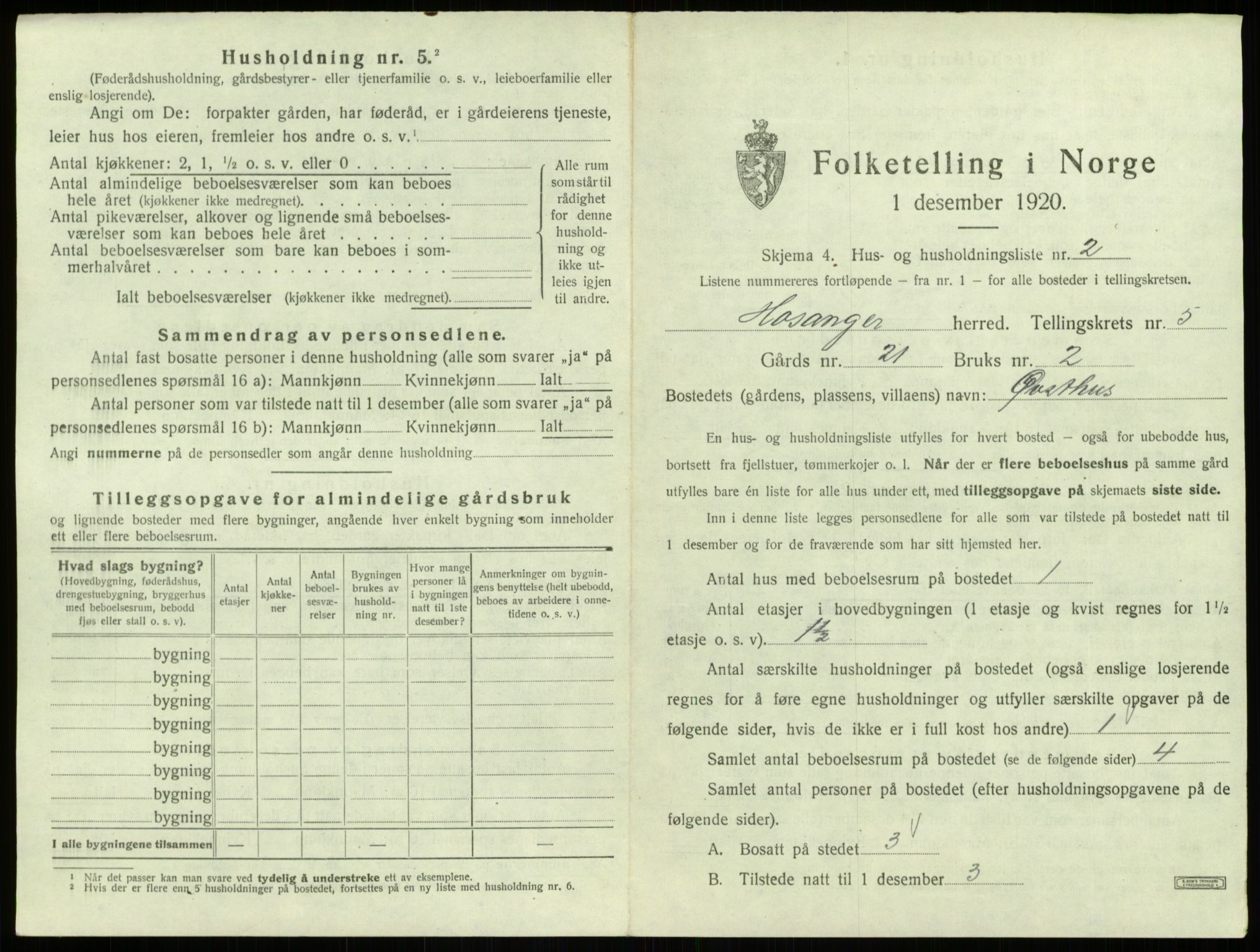 SAB, 1920 census for Hosanger, 1920, p. 267