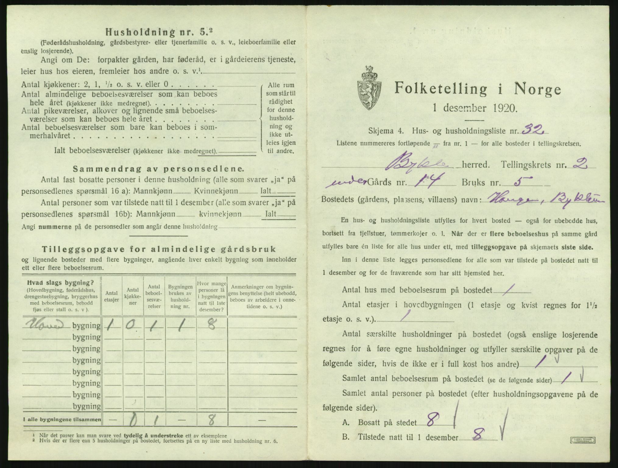 SAK, 1920 census for Bykle, 1920, p. 137