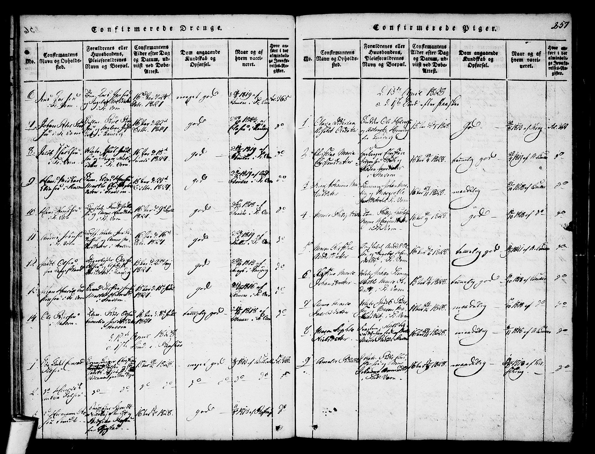 Stavern kirkebøker, AV/SAKO-A-318/F/Fa/L0006: Parish register (official) no. 6, 1816-1839, p. 257