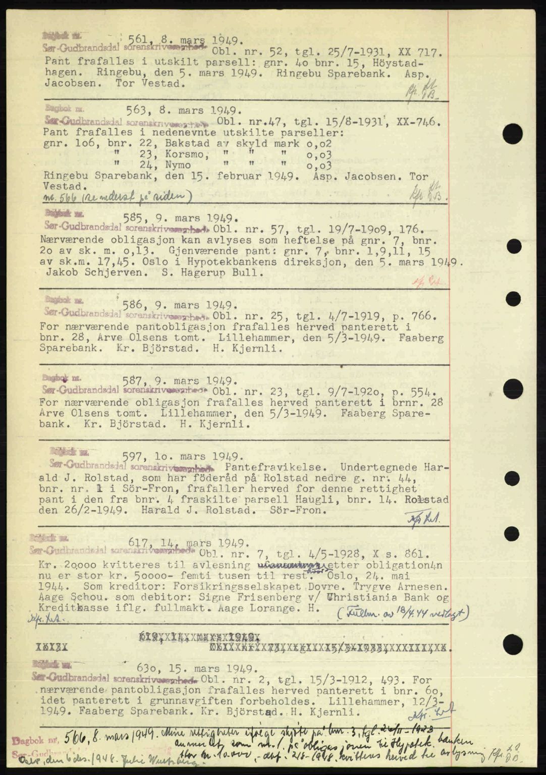 Sør-Gudbrandsdal tingrett, SAH/TING-004/H/Hb/Hbf/L0004: Mortgage book no. C5b, 1945-1951, Diary no: : 561/1949