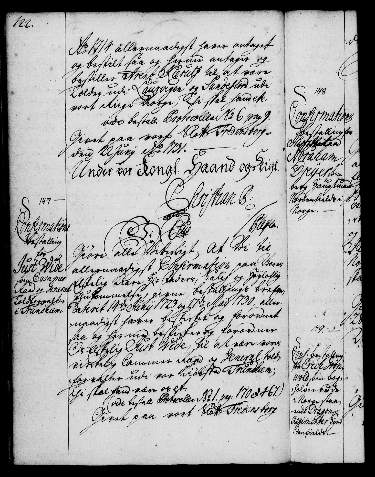 Rentekammeret, Kammerkanselliet, RA/EA-3111/G/Gg/Ggg/L0001: Norsk konfirmasjonsbestallingsprotokoll med register (merket RK 53.31), 1731-1737, p. 122
