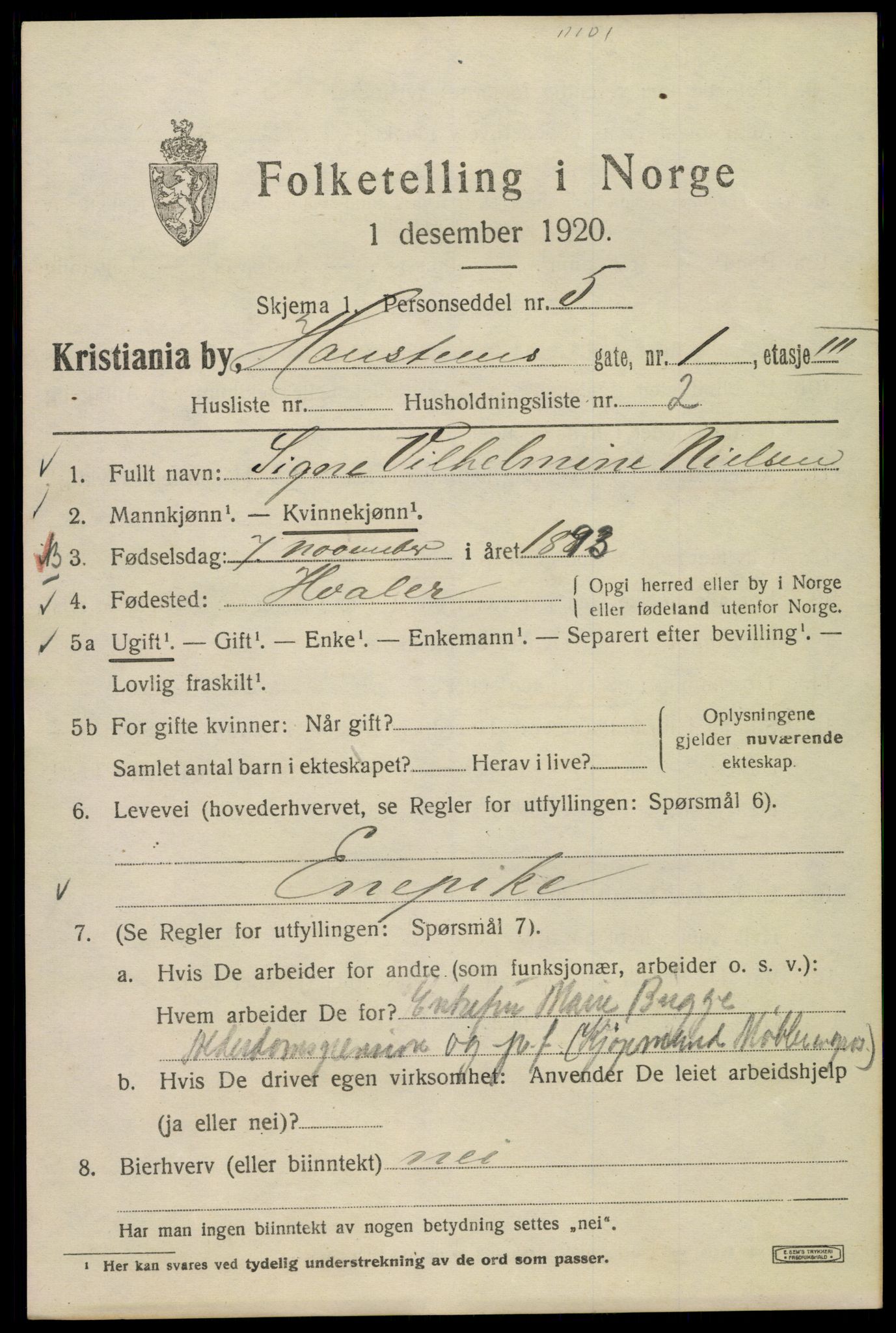 SAO, 1920 census for Kristiania, 1920, p. 269905