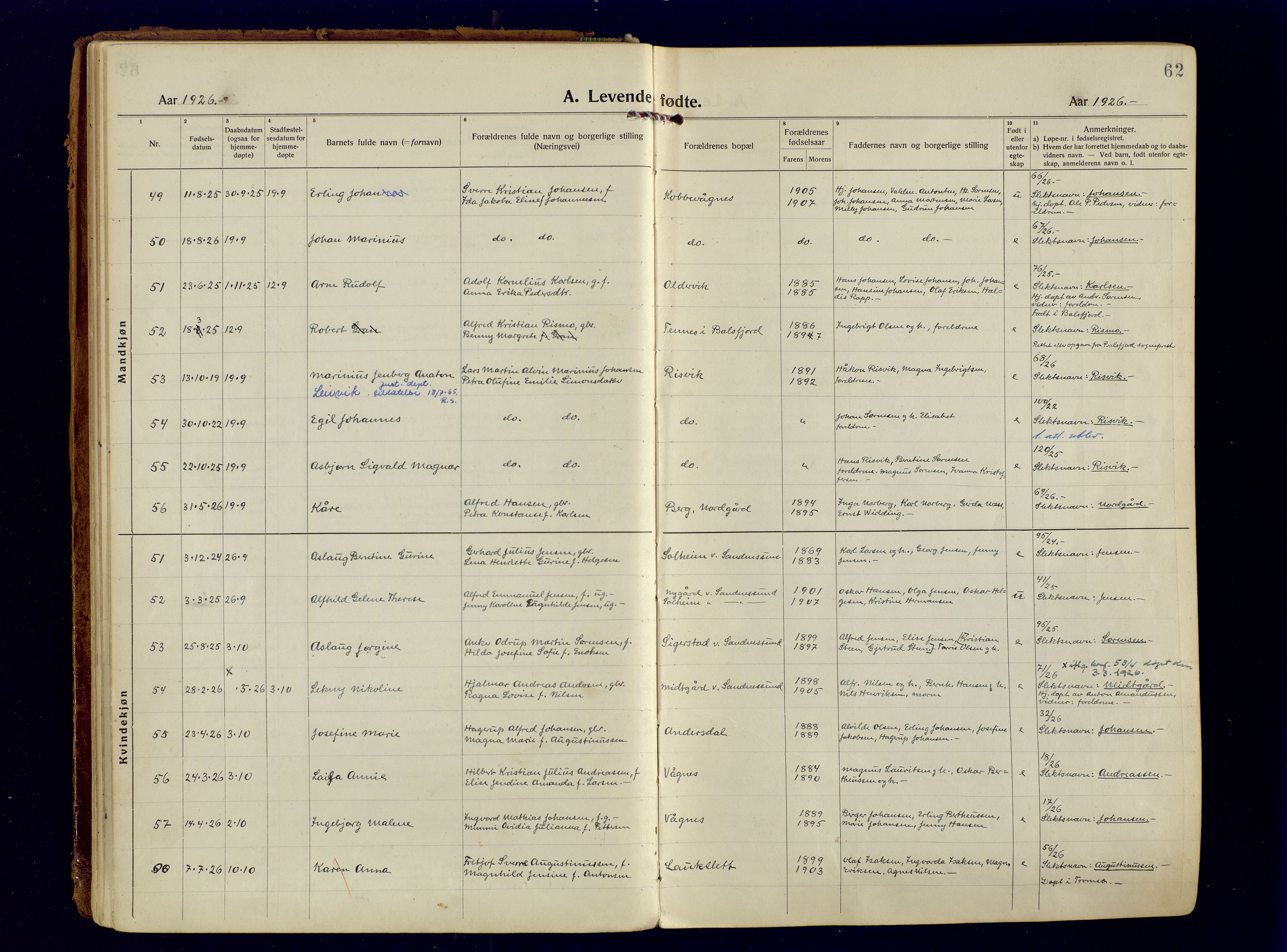 Tromsøysund sokneprestkontor, AV/SATØ-S-1304/G/Ga/L0009kirke: Parish register (official) no. 9, 1922-1934, p. 62