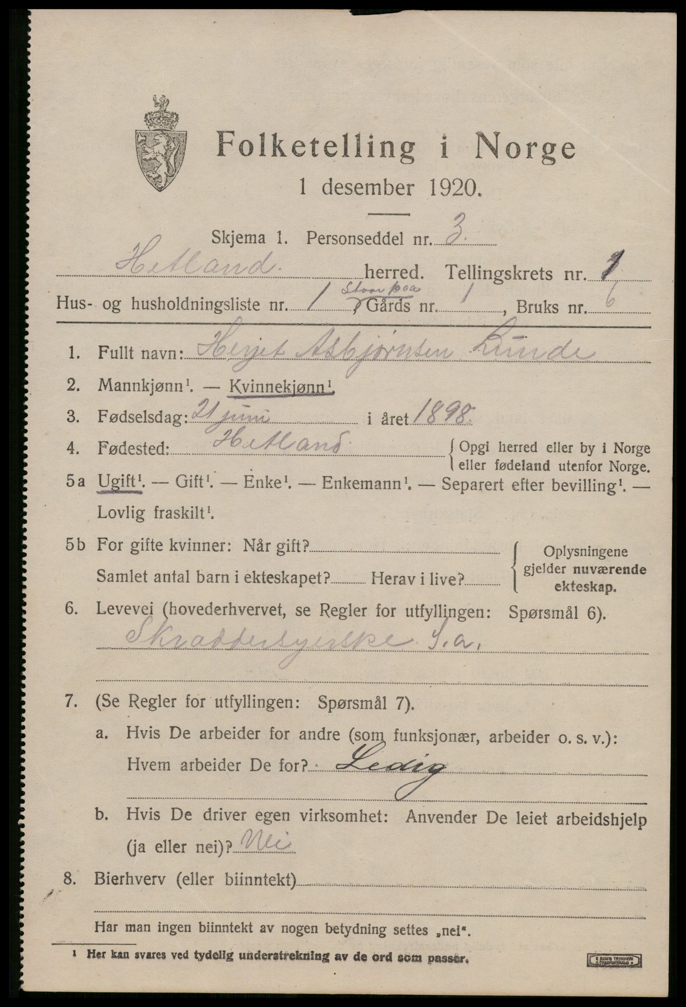 SAST, 1920 census for Hetland, 1920, p. 3573