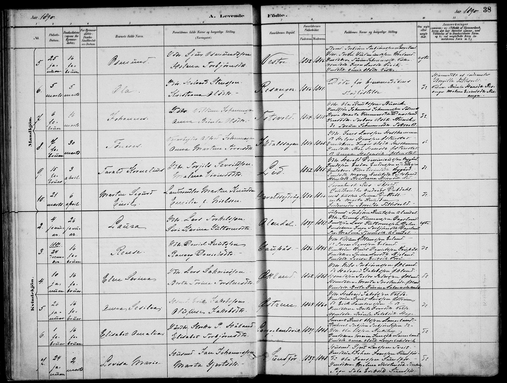 Skjold sokneprestkontor, AV/SAST-A-101847/H/Ha/Haa/L0010: Parish register (official) no. A 10, 1882-1897, p. 38