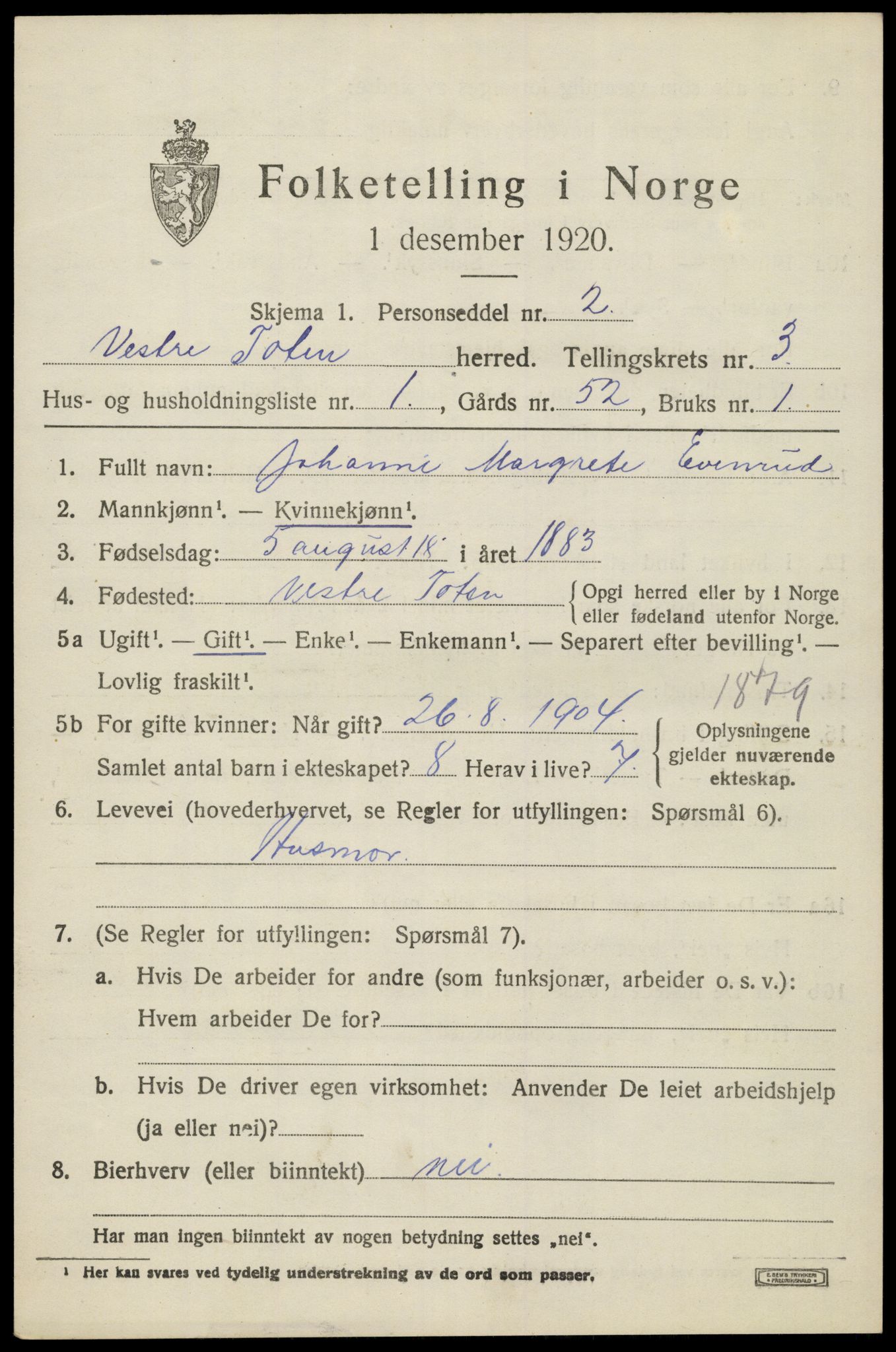 SAH, 1920 census for Vestre Toten, 1920, p. 4676