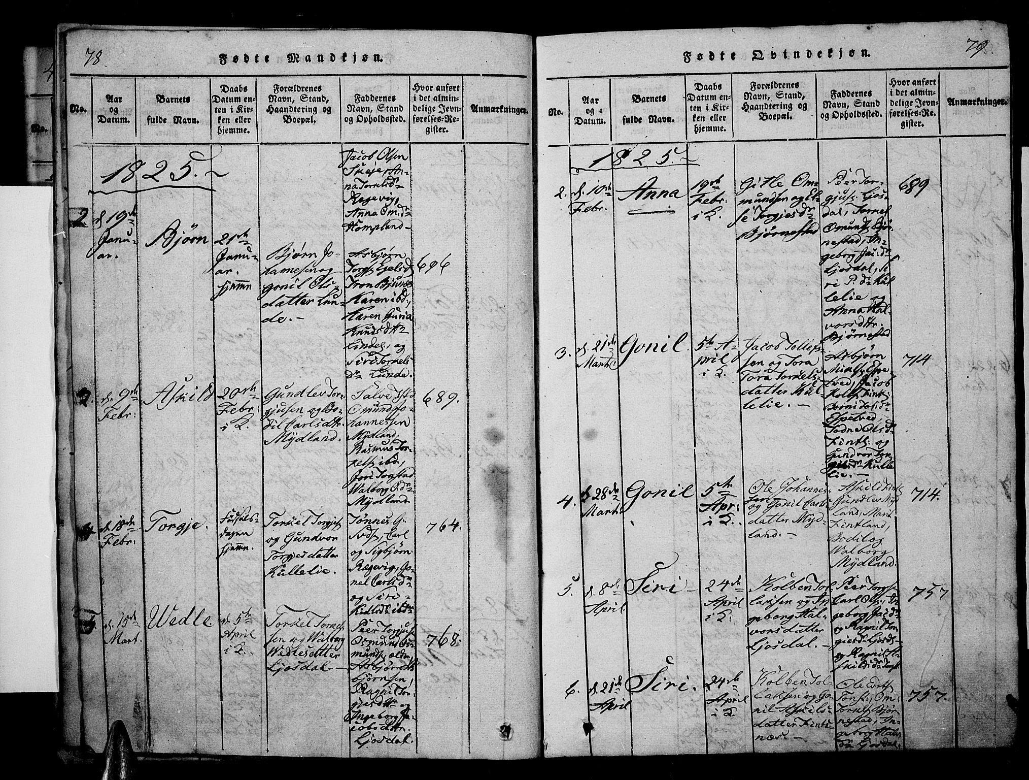 Sirdal sokneprestkontor, AV/SAK-1111-0036/F/Fa/Fab/L0001: Parish register (official) no. A 1, 1815-1834, p. 78-79