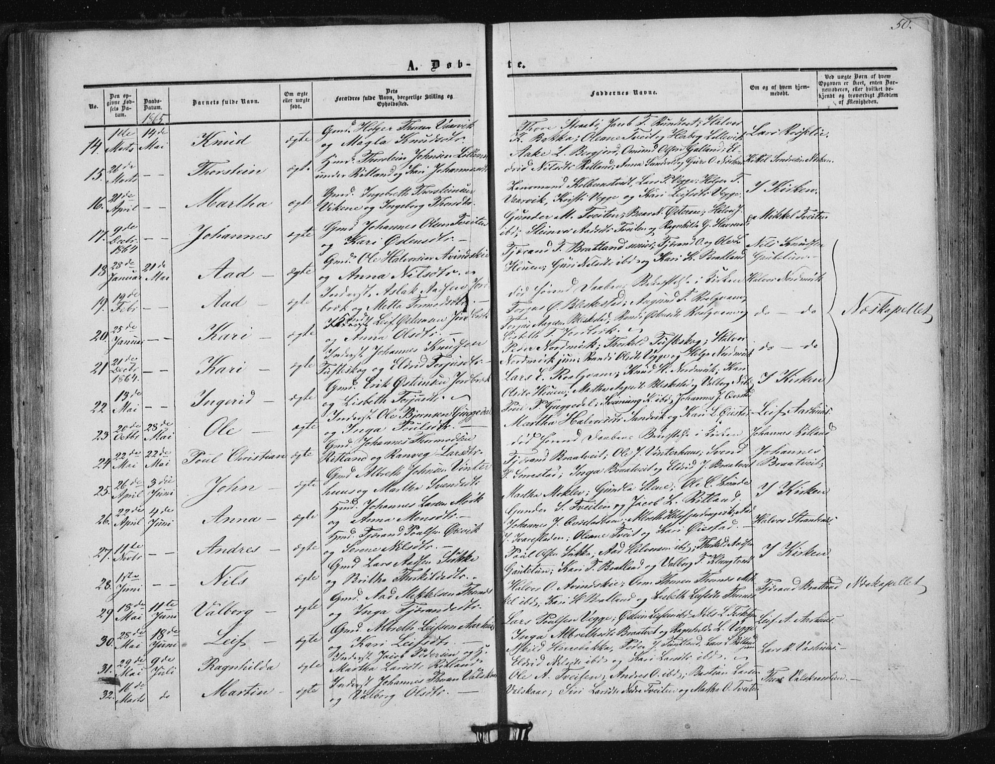 Suldal sokneprestkontor, AV/SAST-A-101845/01/IV/L0009: Parish register (official) no. A 9, 1854-1868, p. 50