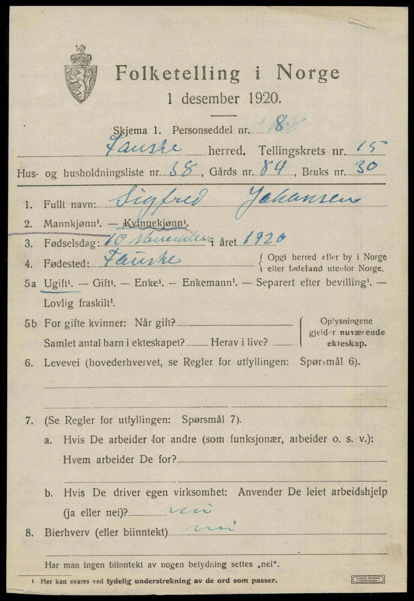 SAT, 1920 census for Fauske, 1920, p. 9764