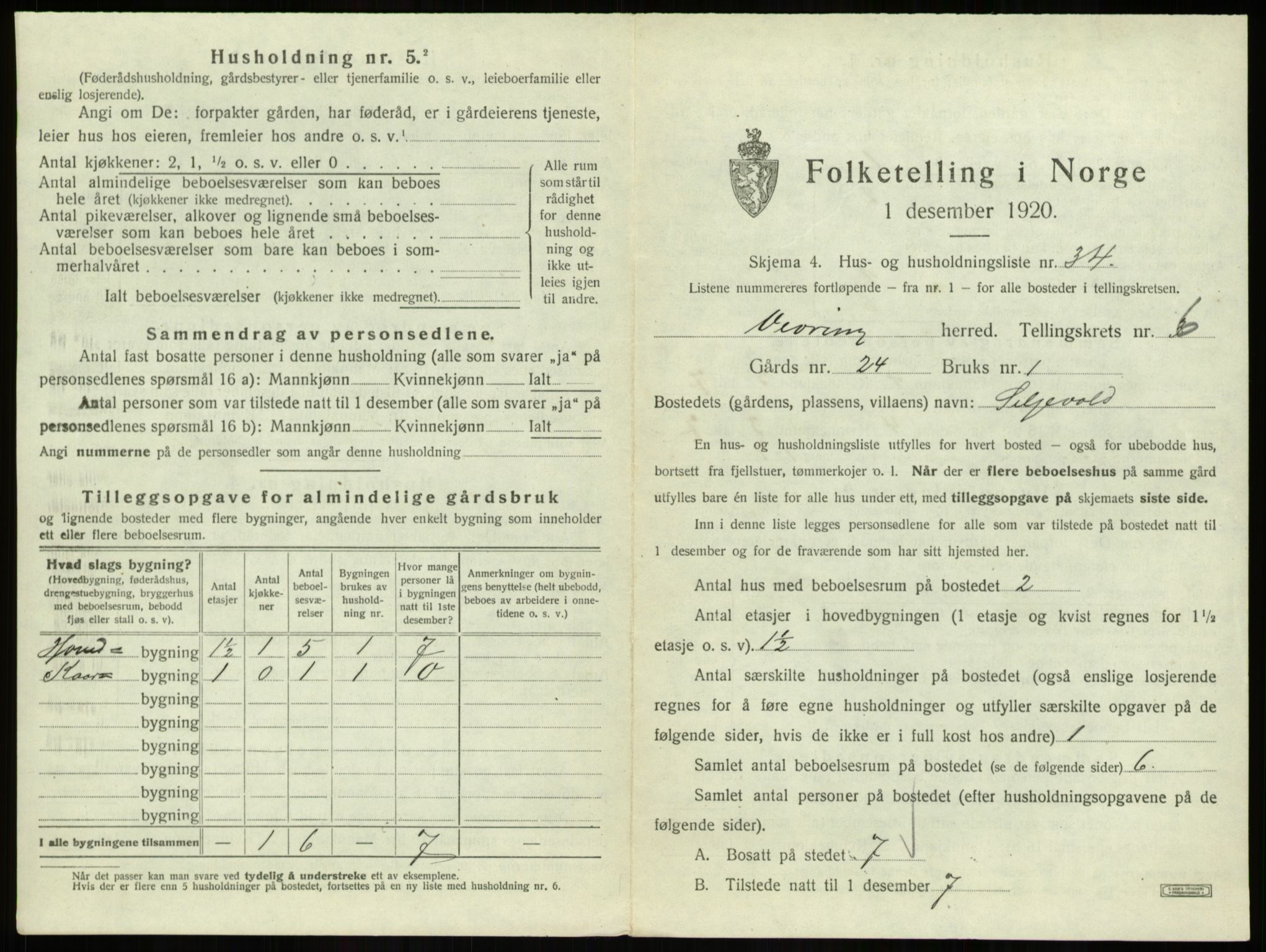 SAB, 1920 census for Vevring, 1920, p. 294