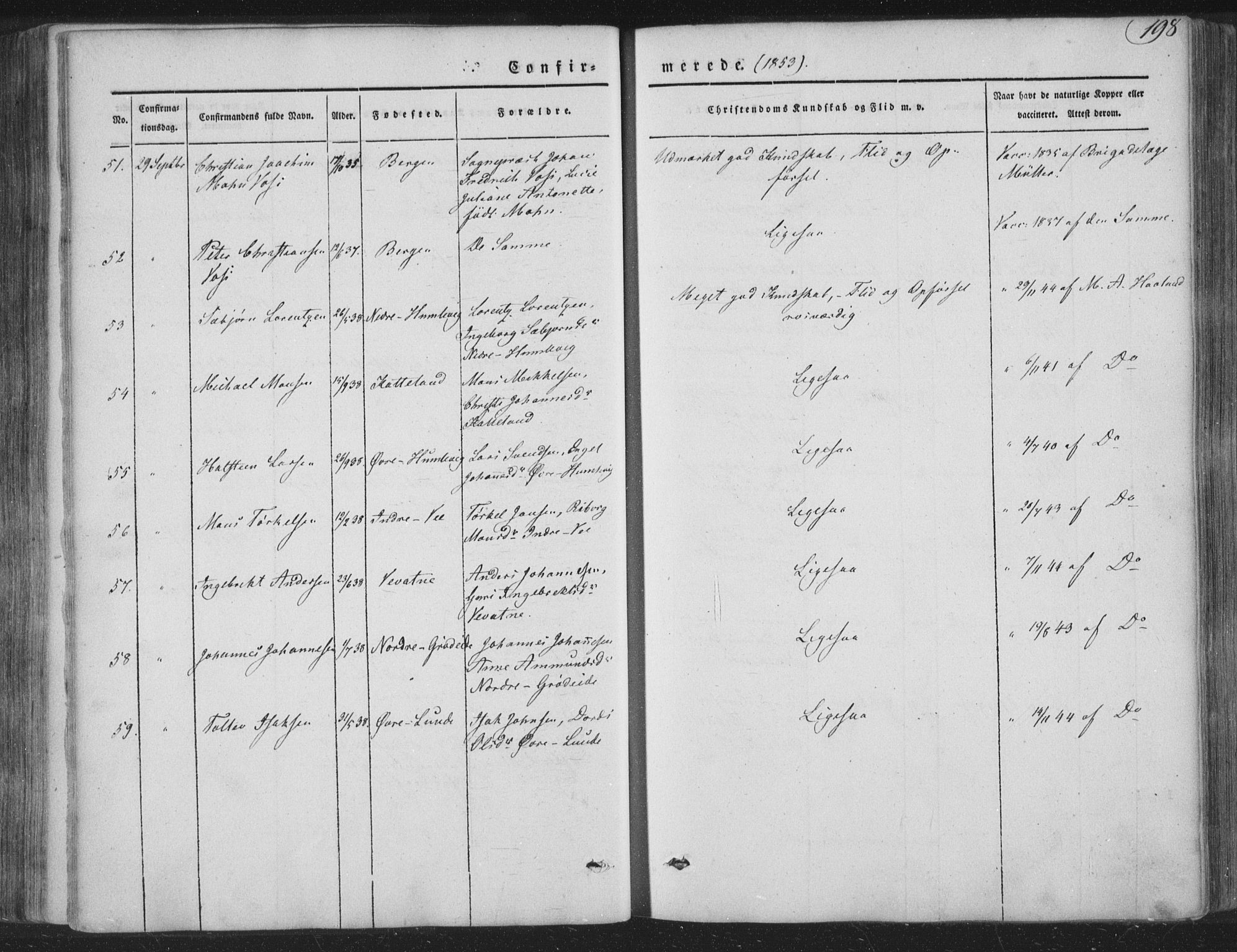 Tysnes sokneprestembete, AV/SAB-A-78601/H/Haa: Parish register (official) no. A 10, 1848-1859, p. 198