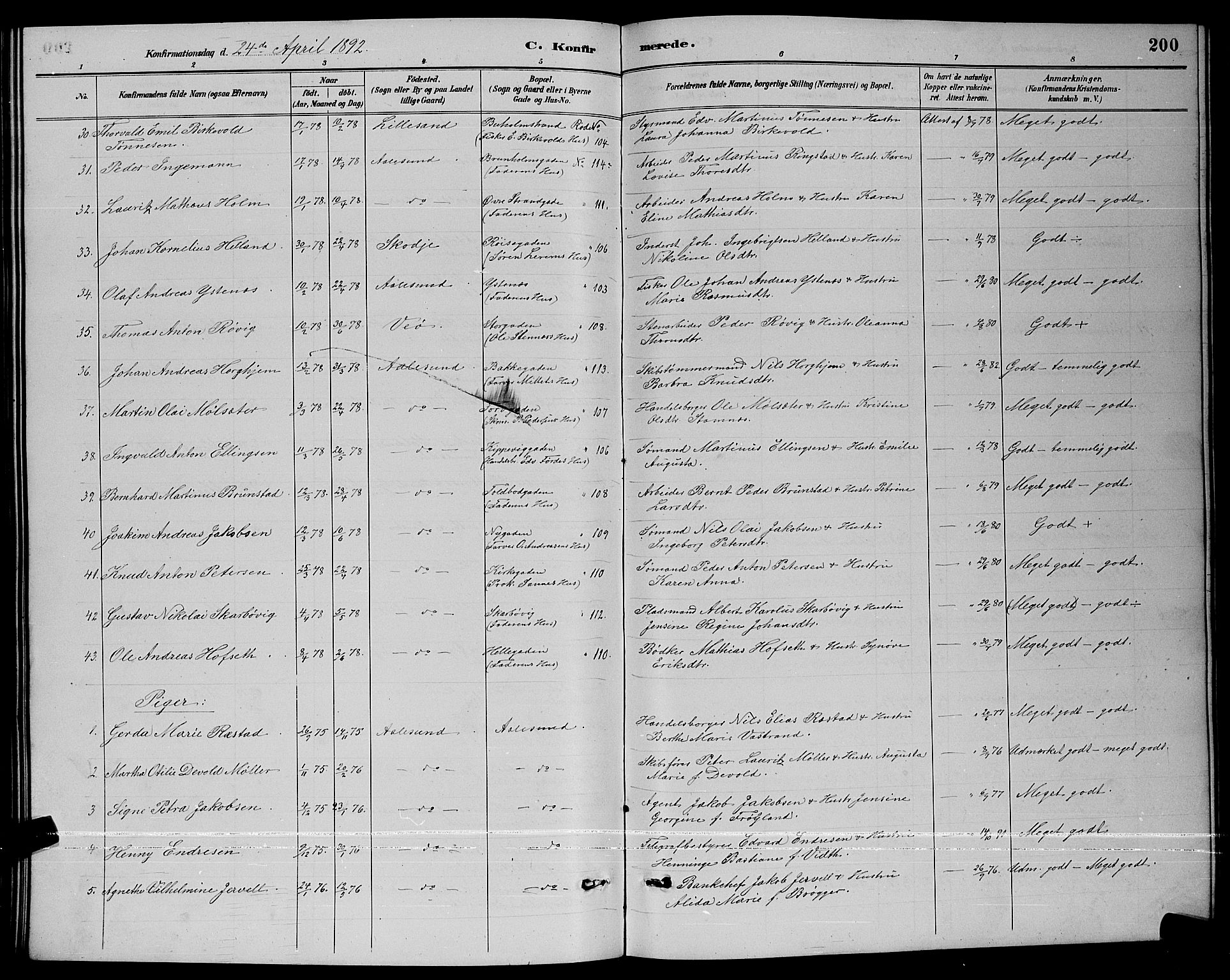 Ministerialprotokoller, klokkerbøker og fødselsregistre - Møre og Romsdal, AV/SAT-A-1454/529/L0467: Parish register (copy) no. 529C04, 1889-1897, p. 200