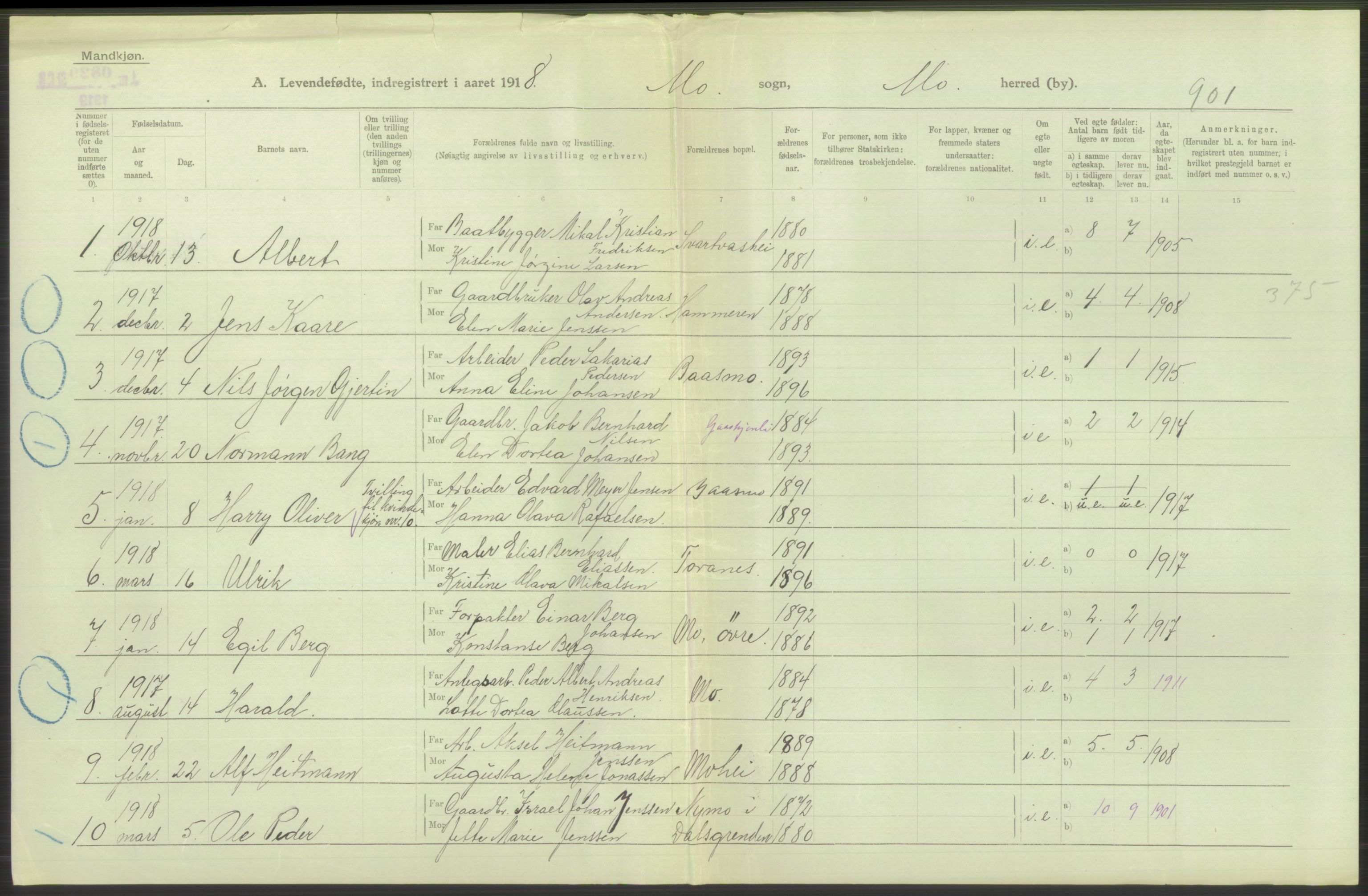 Statistisk sentralbyrå, Sosiodemografiske emner, Befolkning, RA/S-2228/D/Df/Dfb/Dfbh/L0052: Nordland fylke: Levendefødte menn og kvinner. Bygder., 1918, p. 590