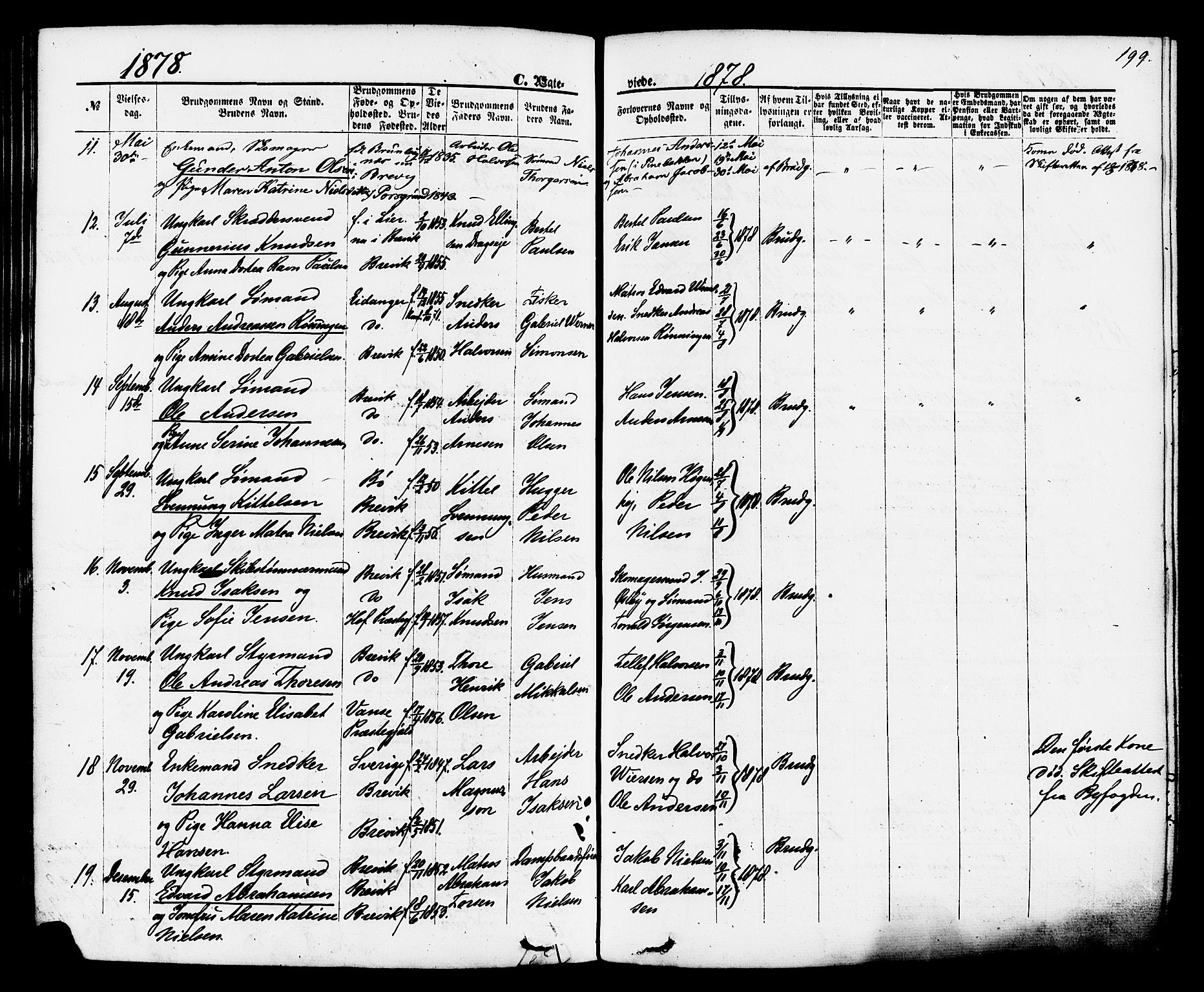 Brevik kirkebøker, SAKO/A-255/F/Fa/L0006: Parish register (official) no. 6, 1866-1881, p. 199